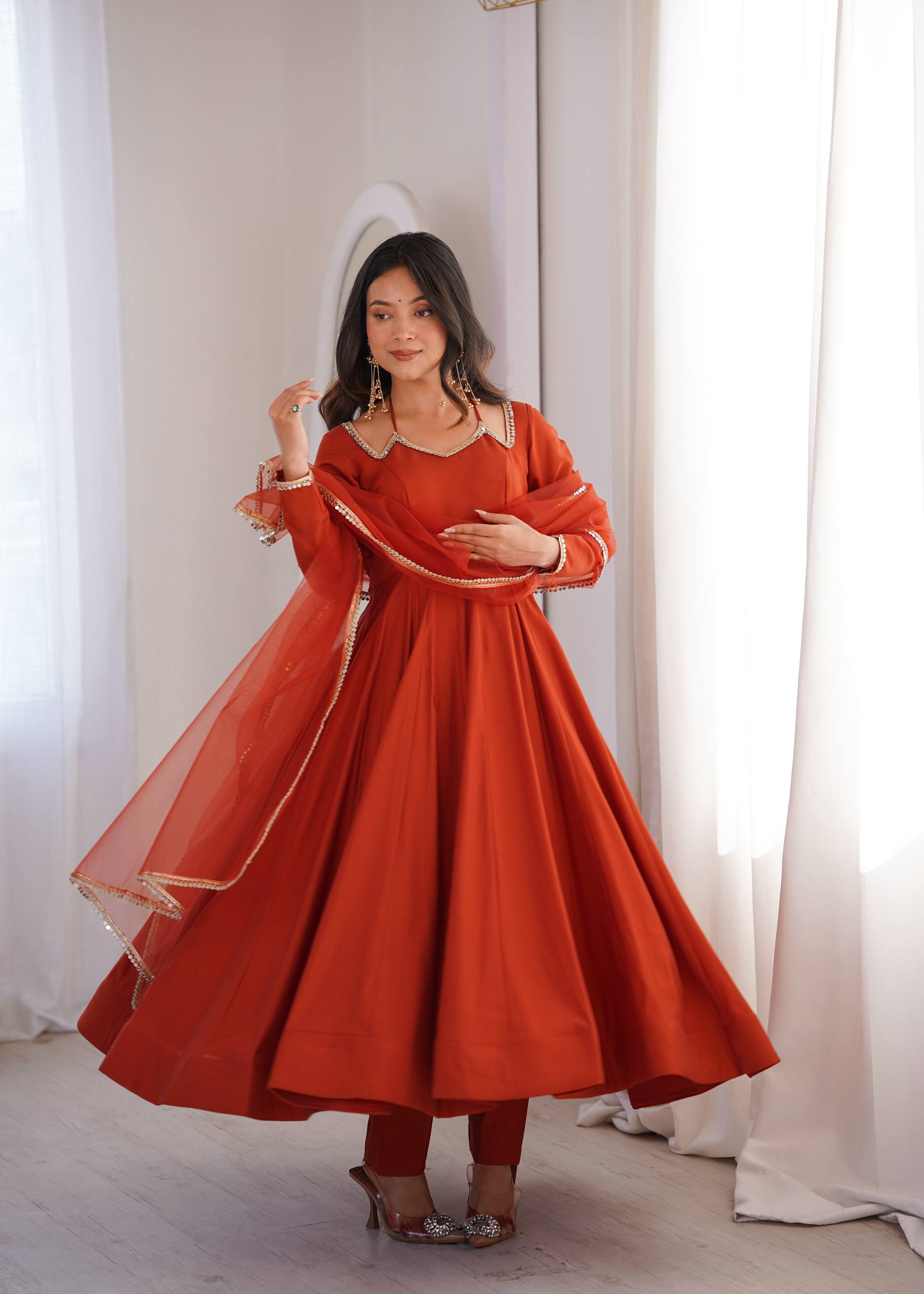 Roman Silk Chanderi Anarkali Gown Set with Mirror Lace Dupatta