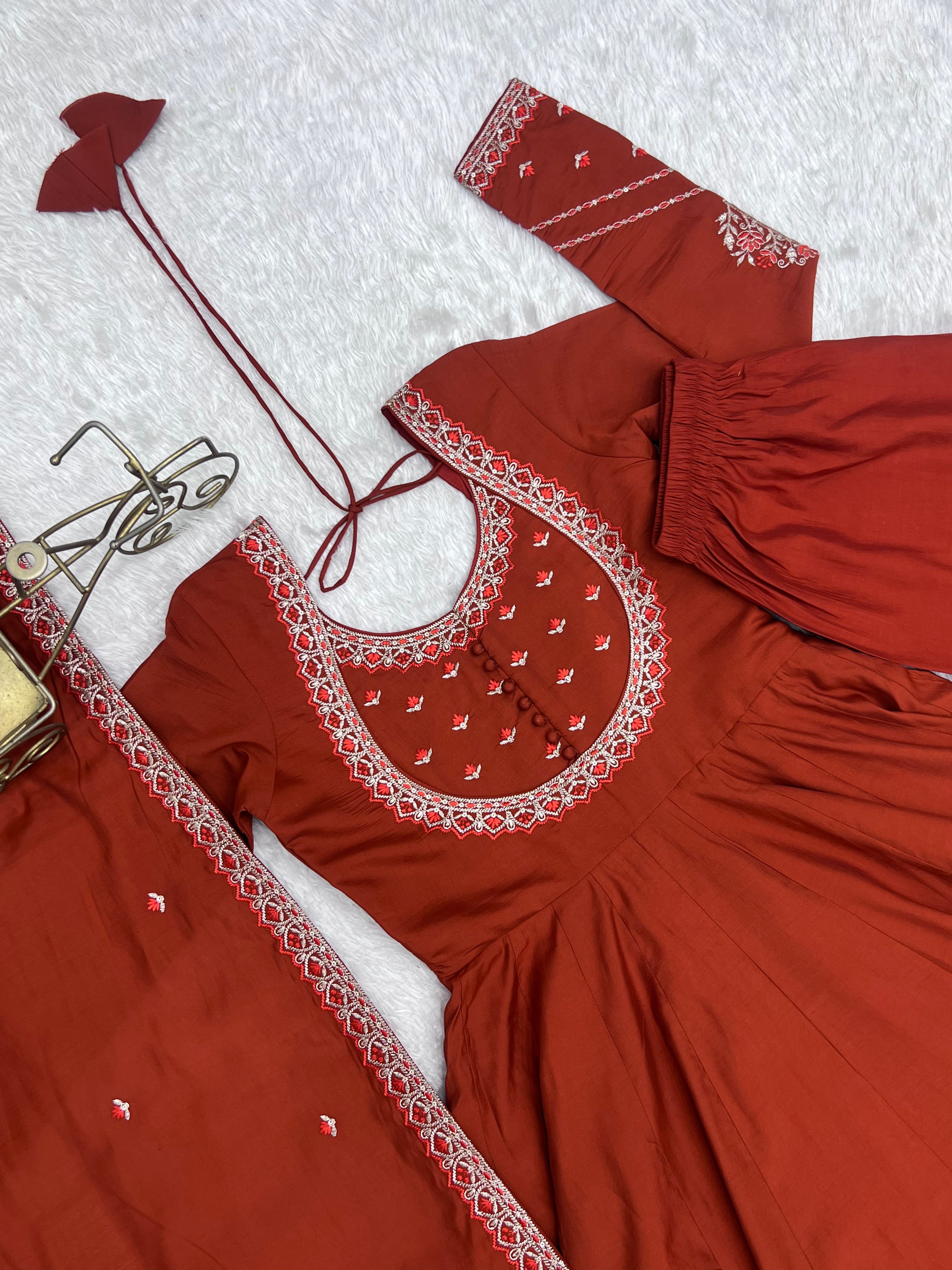 Premium Pure Silk 16 Kali Flared Anarkali Gown with Embroidered Dupatta & Pant Set