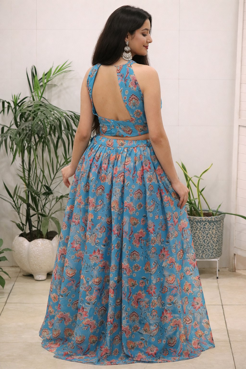 Blue Floral Lehenga Set with Halter Neck Blouse & Dupatta