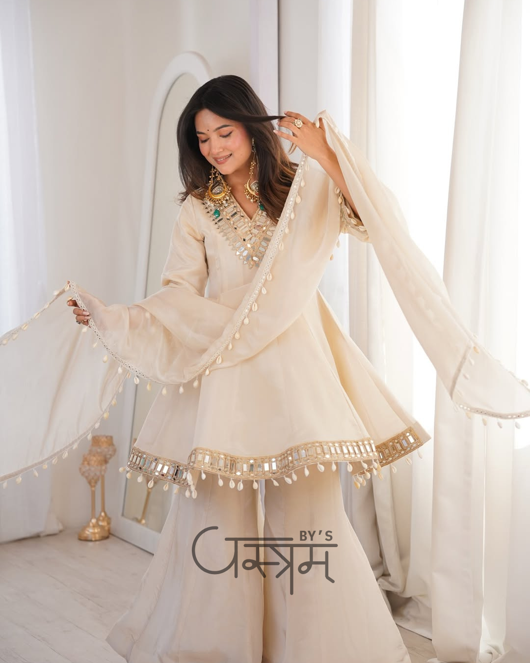 Premium Chinon Real Mirror Work Palazzo Set with Kodi Lace Dupatta