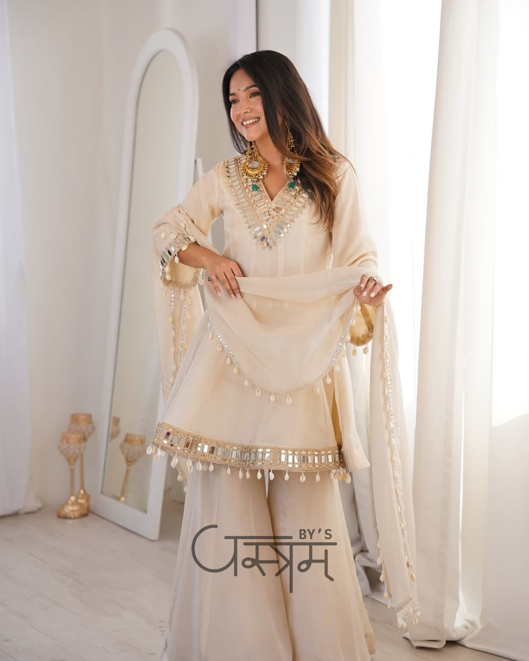 Premium Chinon Real Mirror Work Palazzo Set with Kodi Lace Dupatta