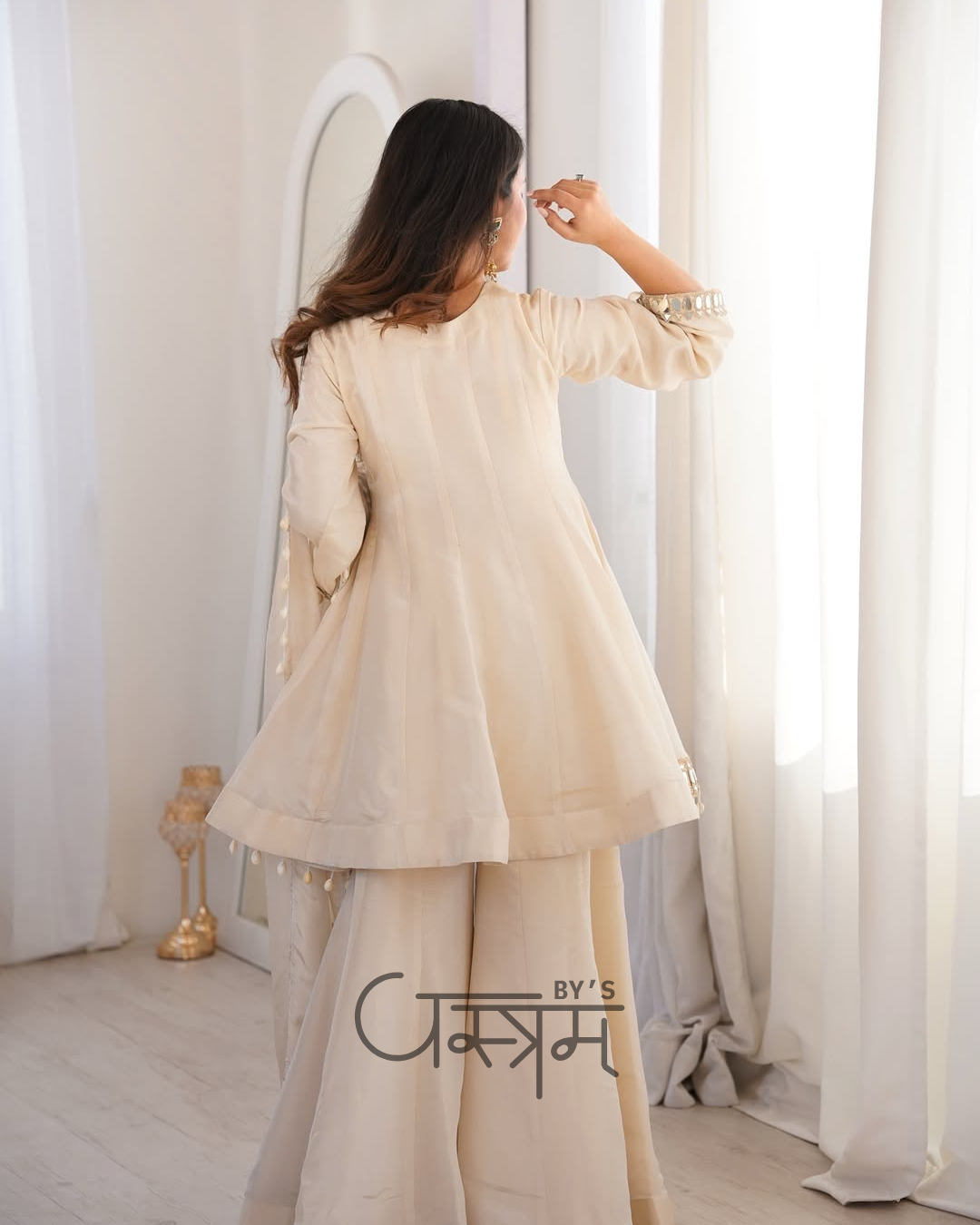 Premium Chinon Real Mirror Work Palazzo Set with Kodi Lace Dupatta