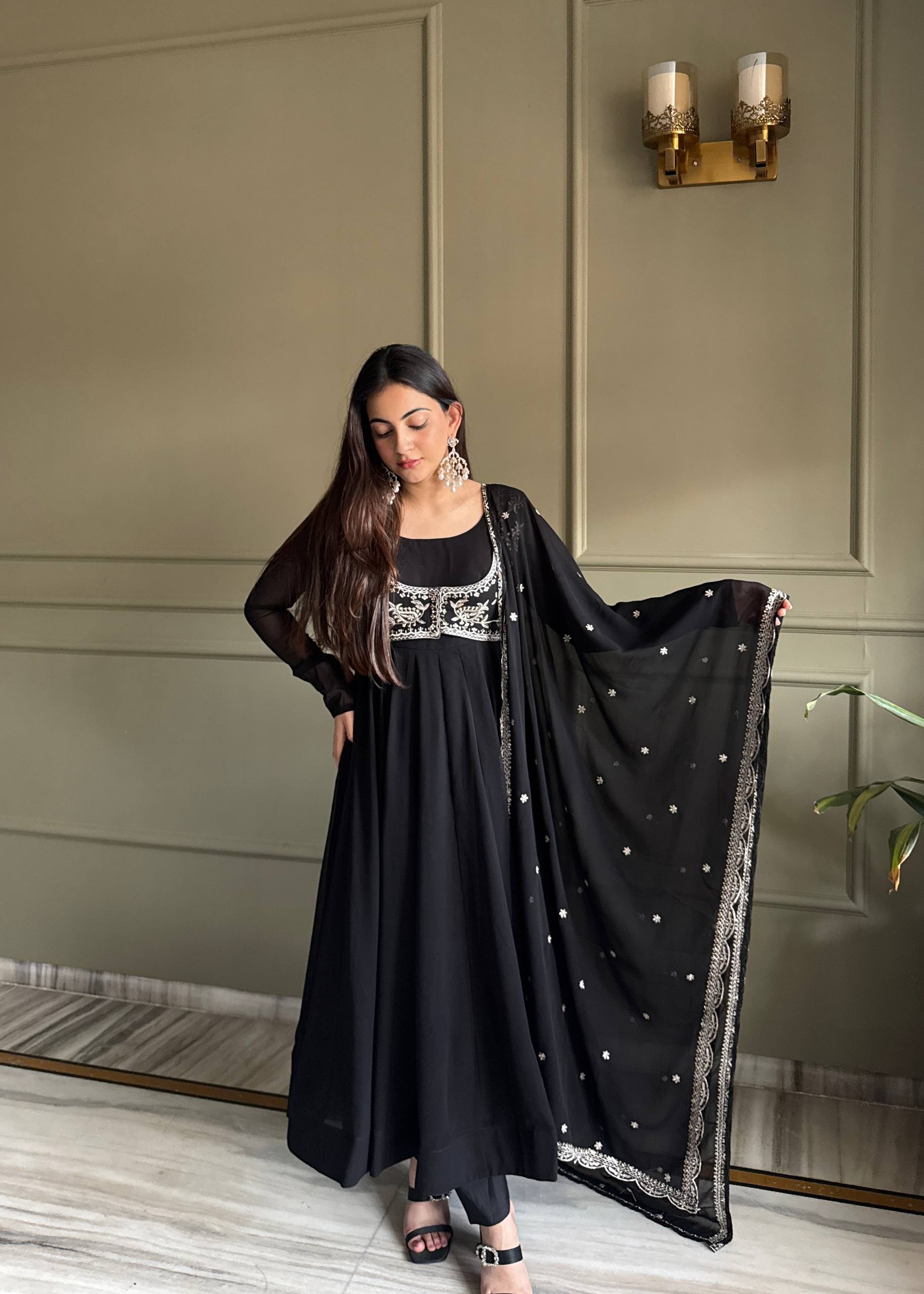 Designer Fox Georgette Anarkali Gown Set with Embroidered Dupatta