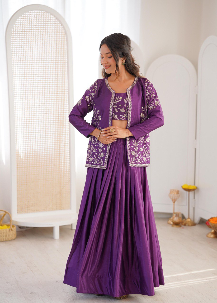 Designer Chinon Silk Lehenga Set with Embroidered Choli & Koti
