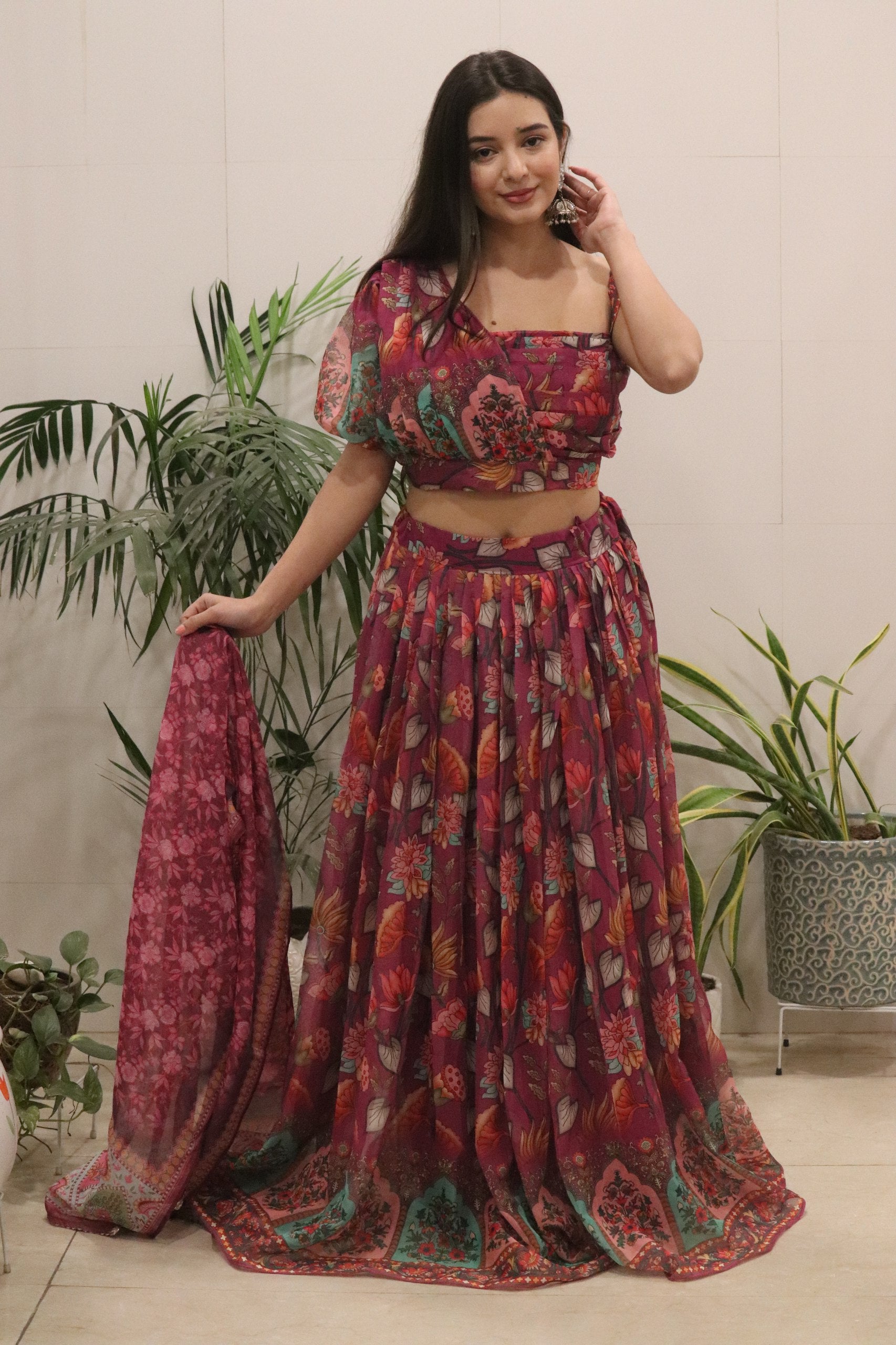 Wine Floral Organza Silk Lehenga Set with Printed Dupatta
