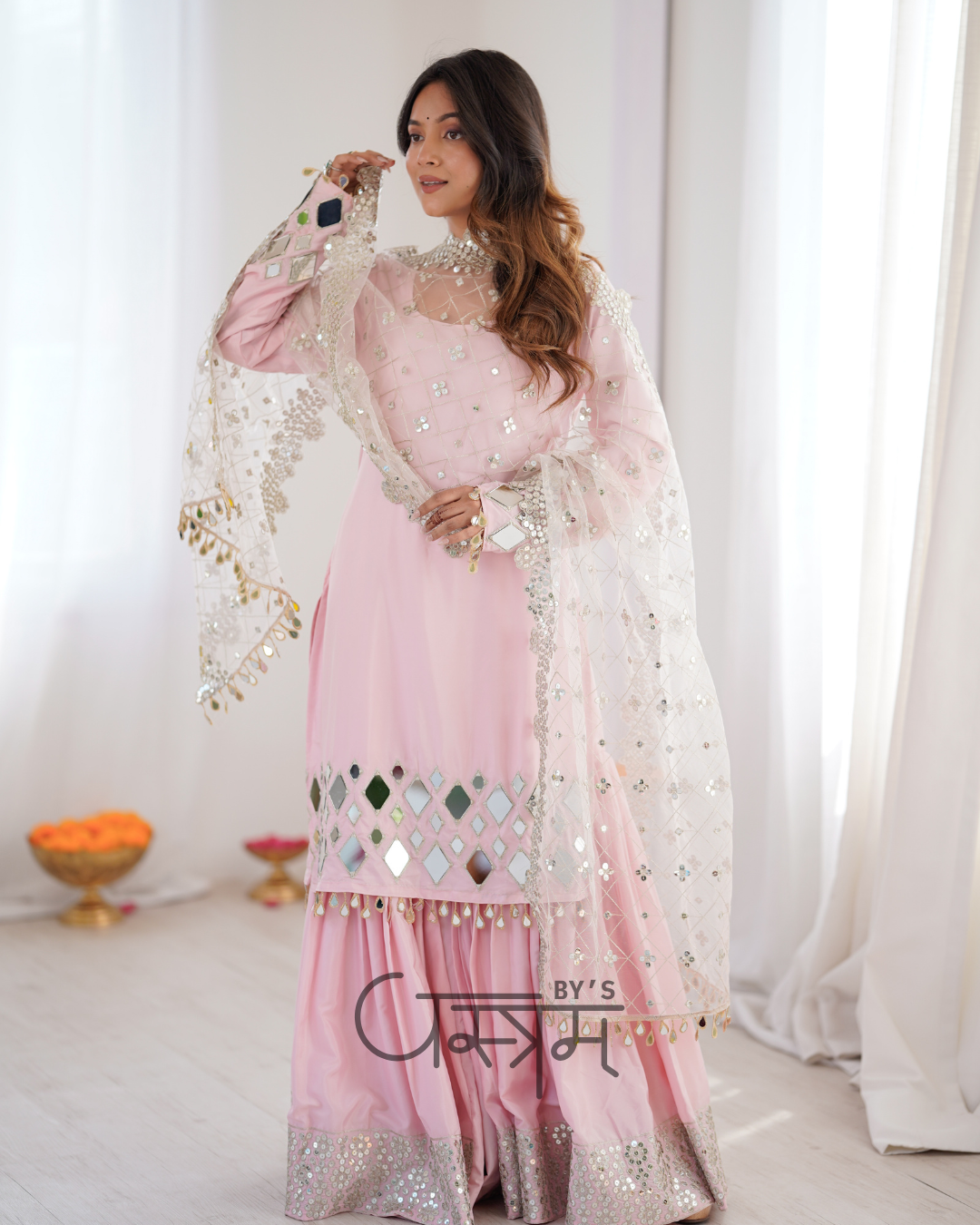Premium French Crepe Mirror Work Sharara Suit Set with Net Dupatta