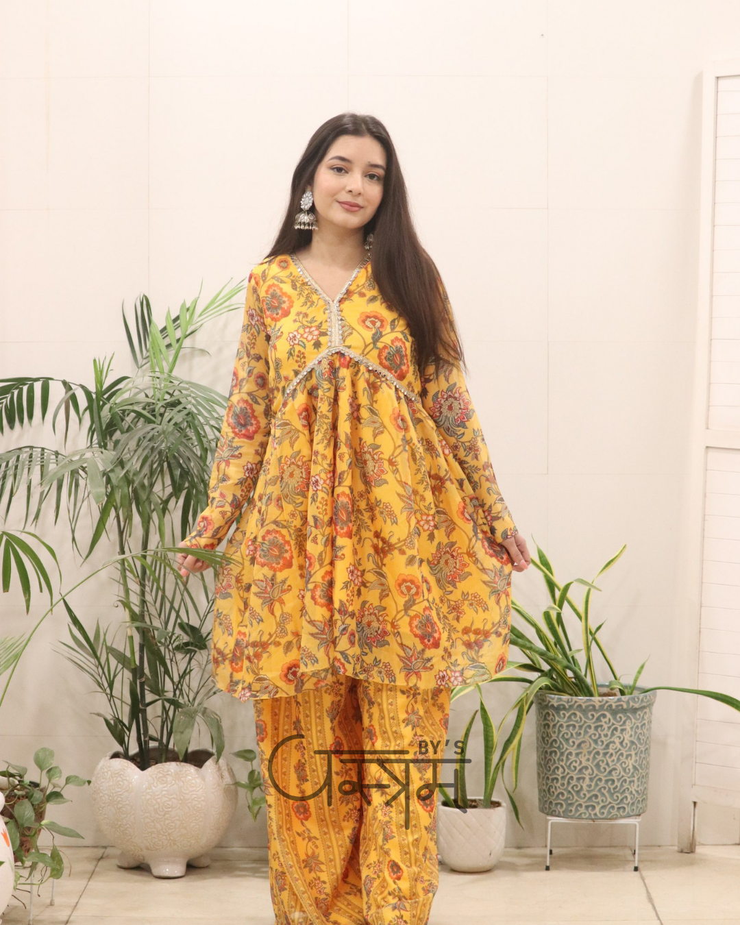 Mustard Yellow Organza Silk Digital Print Kurti Palazzo Set – Haldi Special