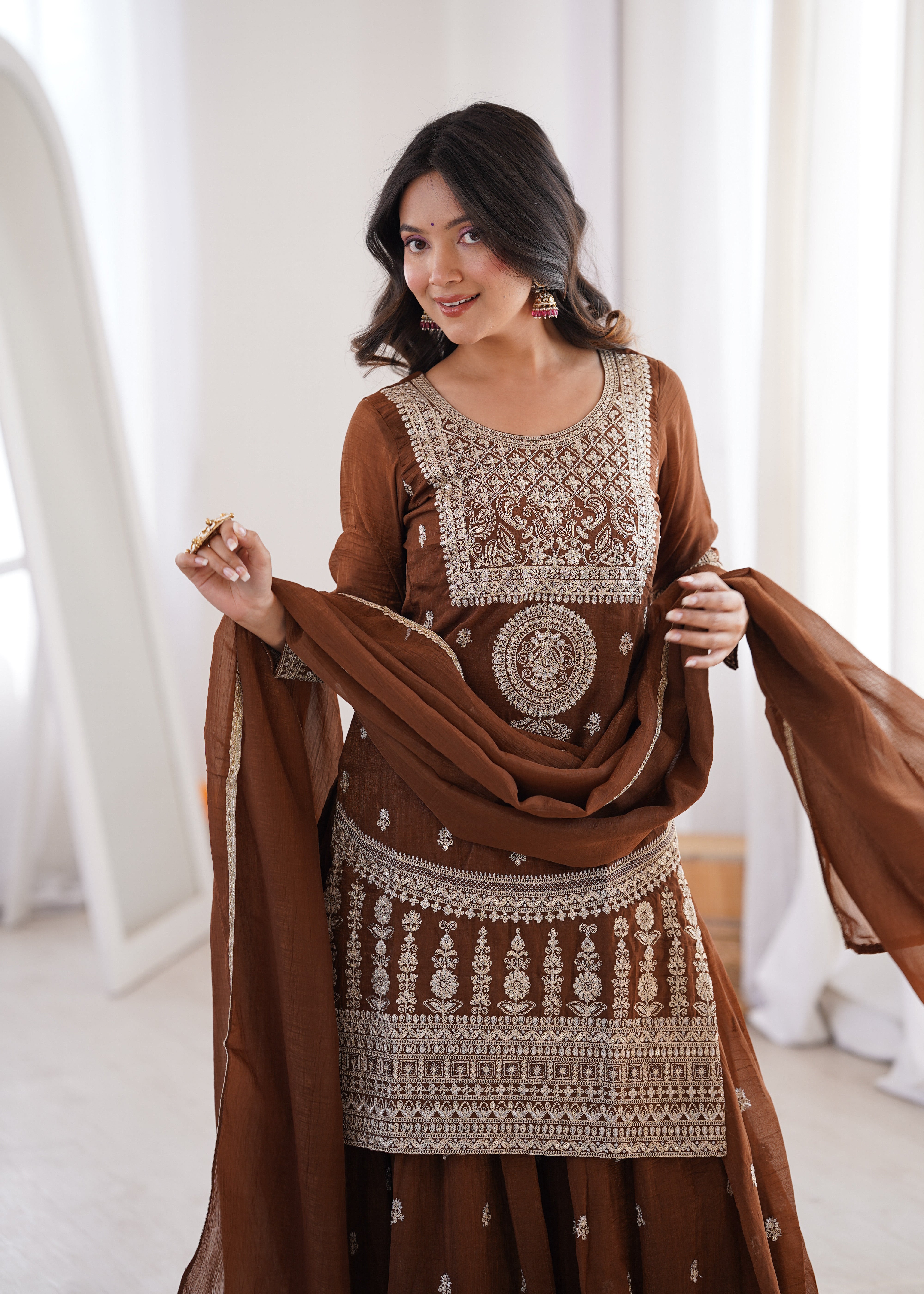 Crunchy Silk Embroidered Sharara Suit Set with Designer Dupatta