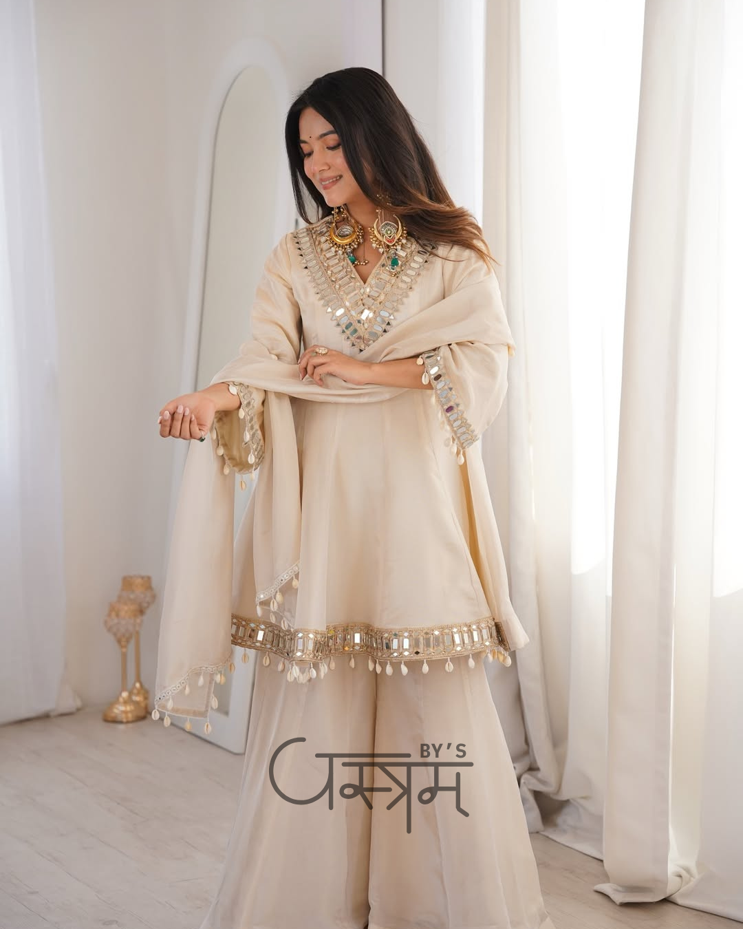 Premium Chinon Real Mirror Work Palazzo Set with Kodi Lace Dupatta