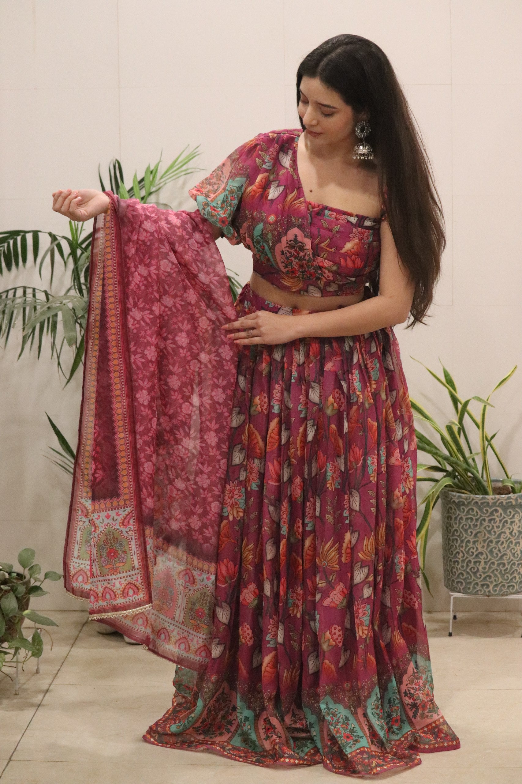 Wine Floral Organza Silk Lehenga Set with Printed Dupatta