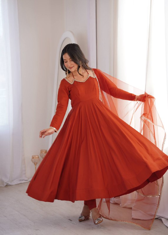 Roman Silk Chanderi Anarkali Gown Set with Mirror Lace Dupatta
