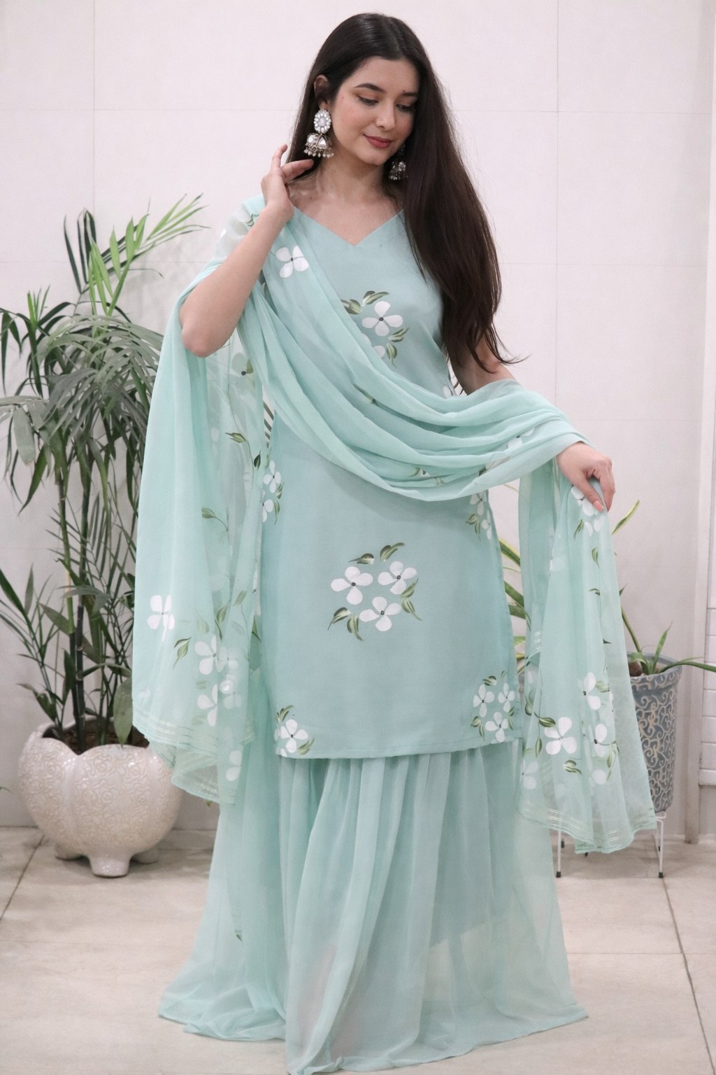 Hand Painted Georgette Kurti Sharara Set with Dupatta