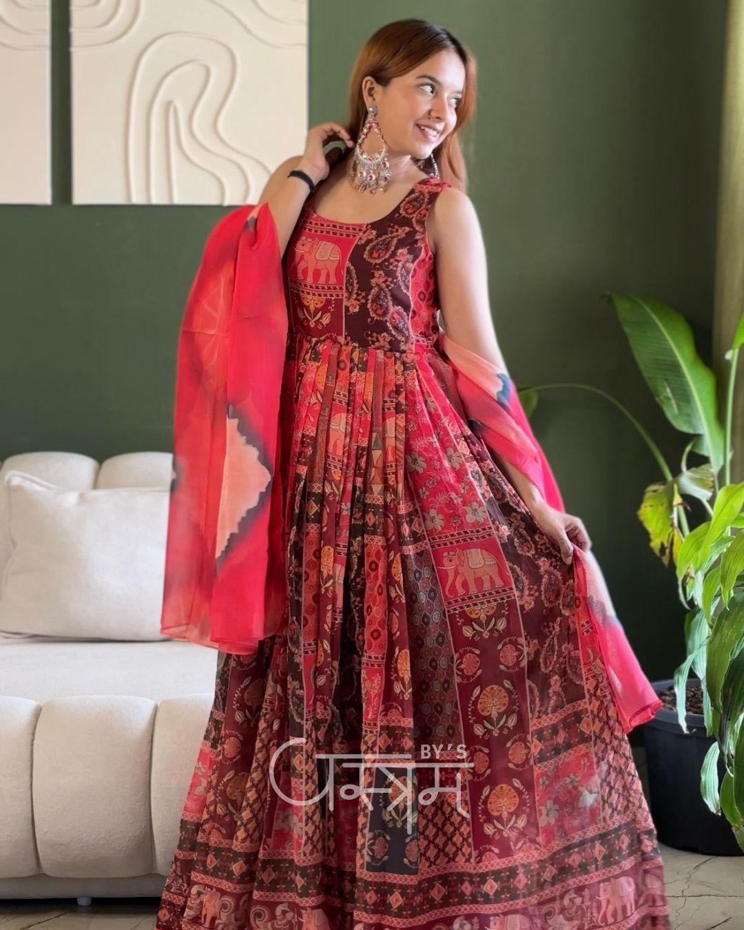 Patola Printed Soft Organza Designer Gown with Dupatta – Festive Wear