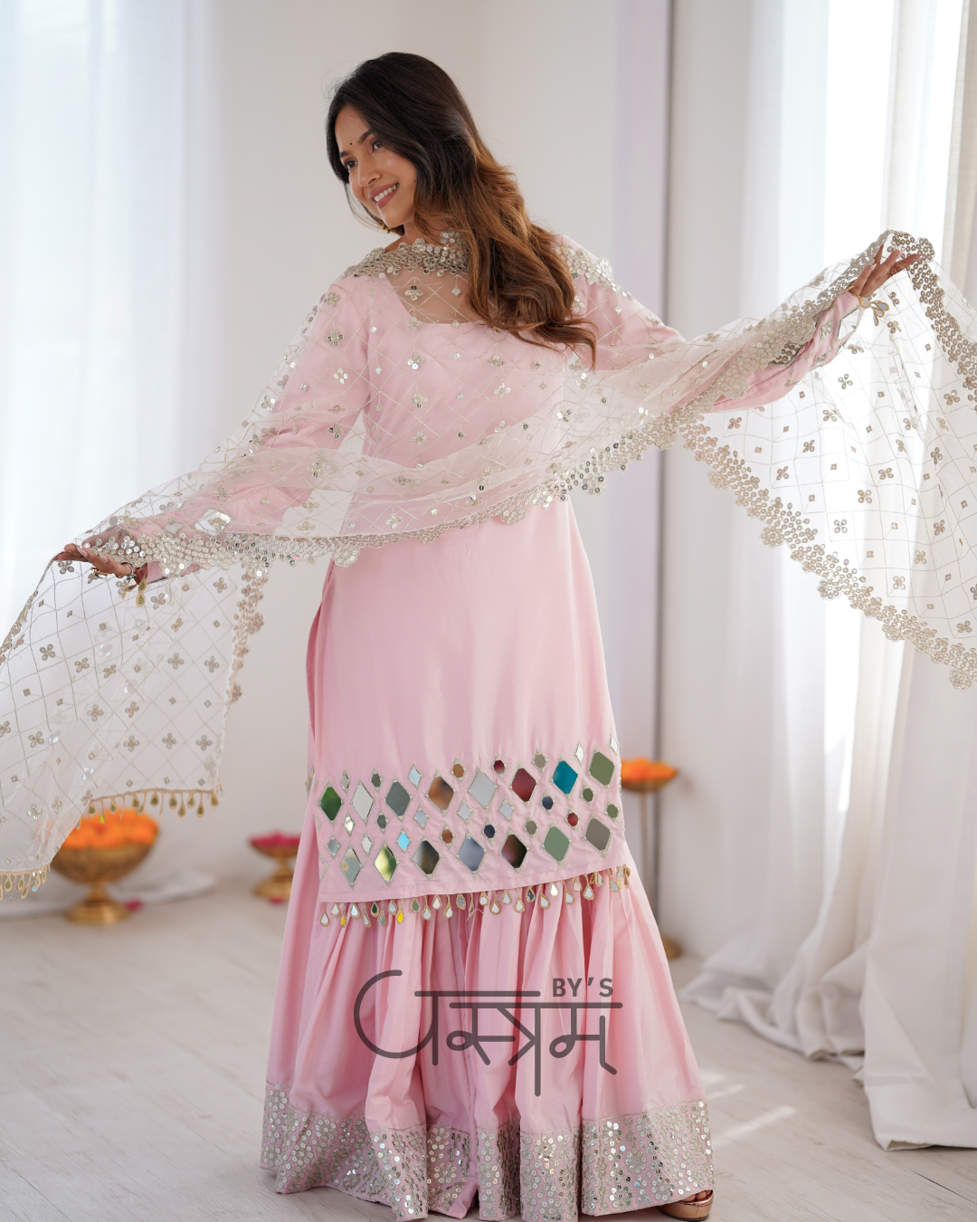 Premium French Crepe Mirror Work Sharara Suit Set with Net Dupatta