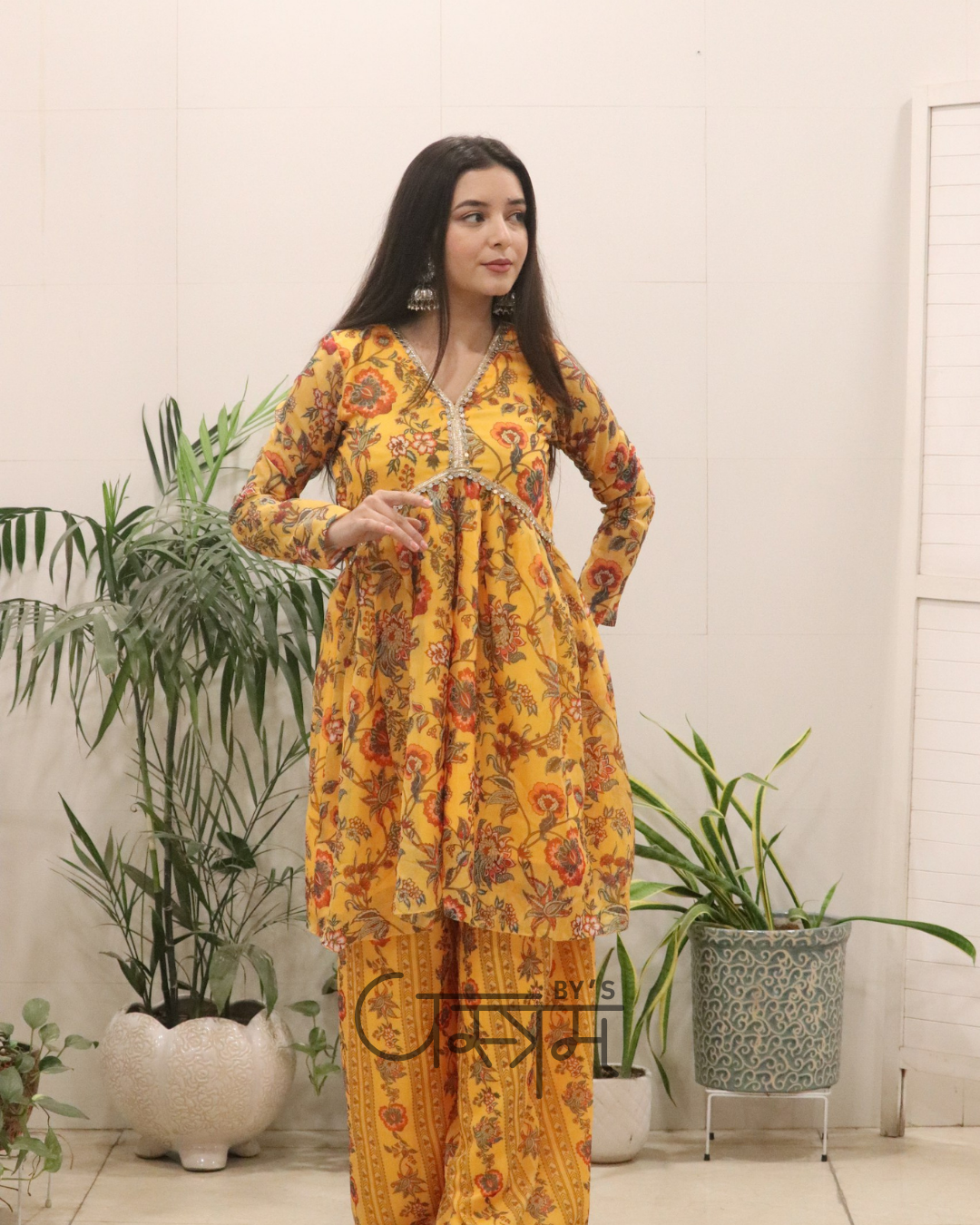 Mustard Yellow Organza Silk Digital Print Kurti Palazzo Set – Haldi Special
