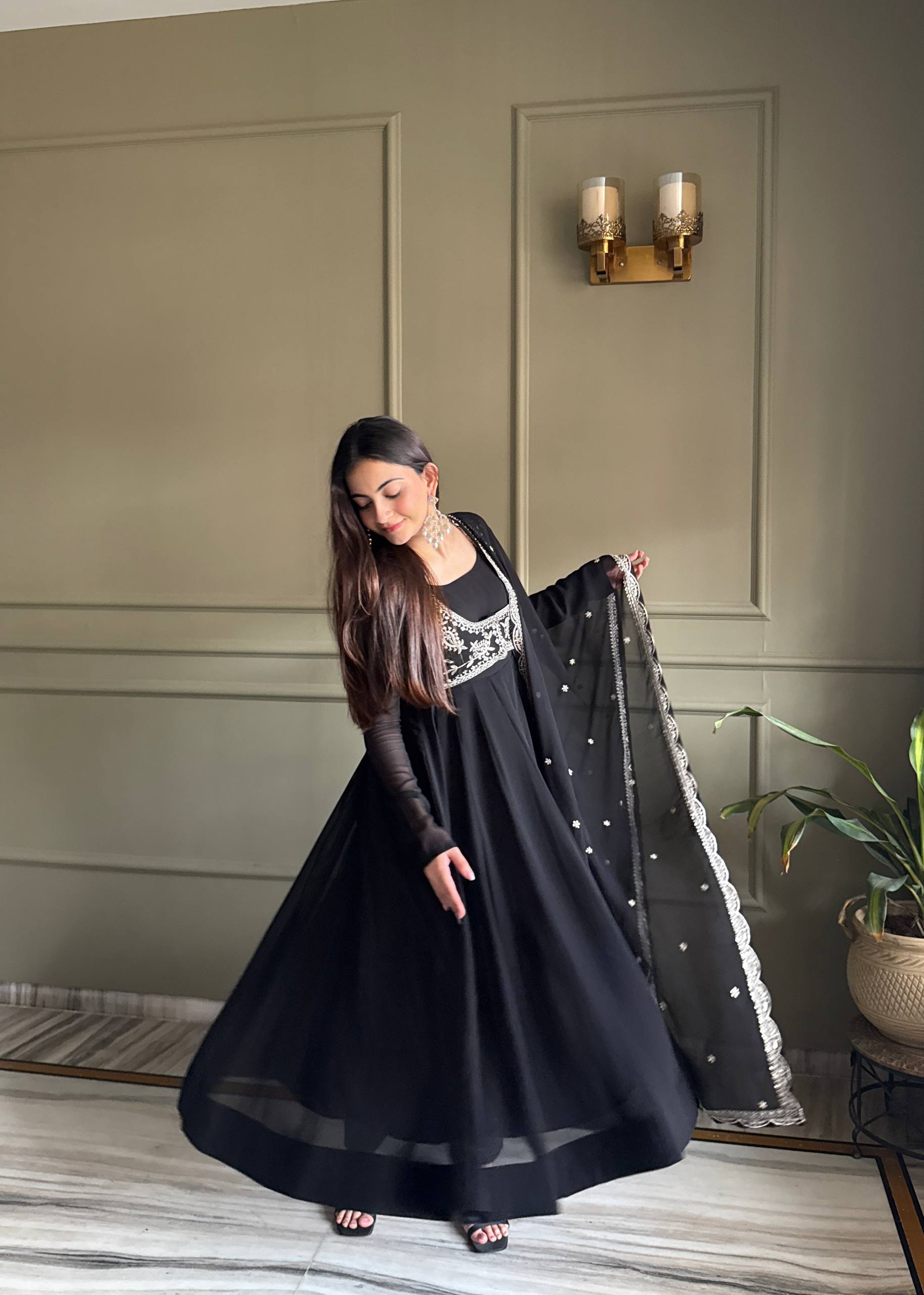 Designer Fox Georgette Anarkali Gown Set with Embroidered Dupatta