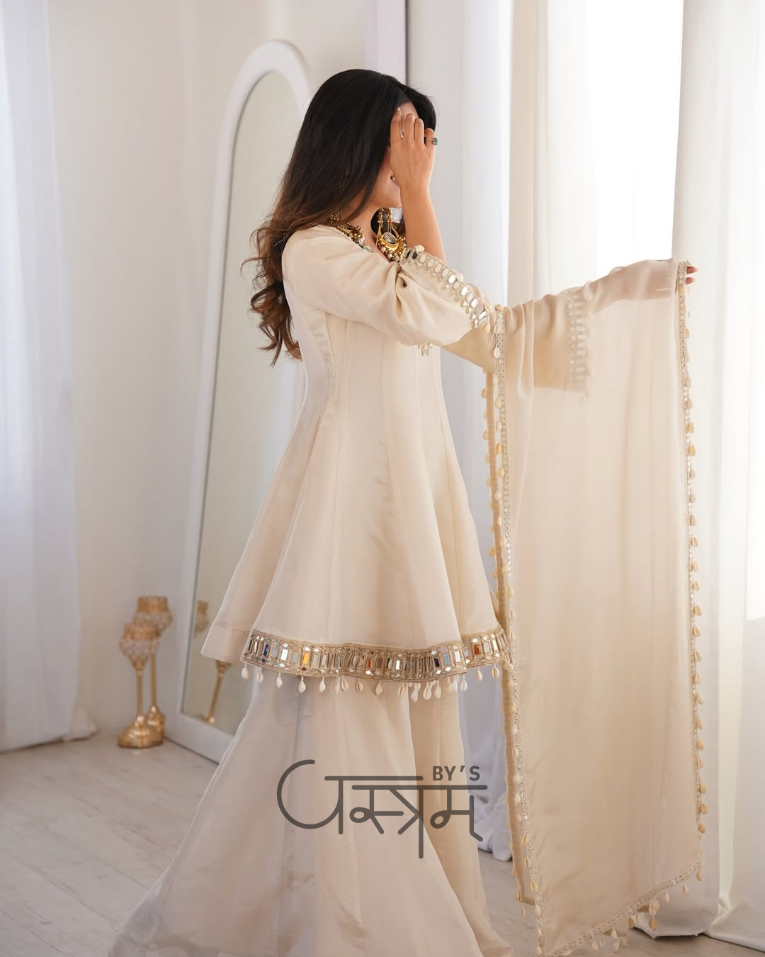 Premium Chinon Real Mirror Work Palazzo Set with Kodi Lace Dupatta
