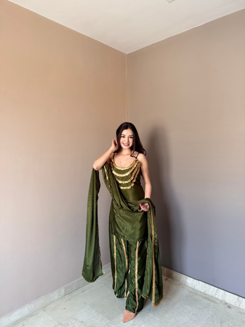Designer Chinon Kurti Set with Dupatta