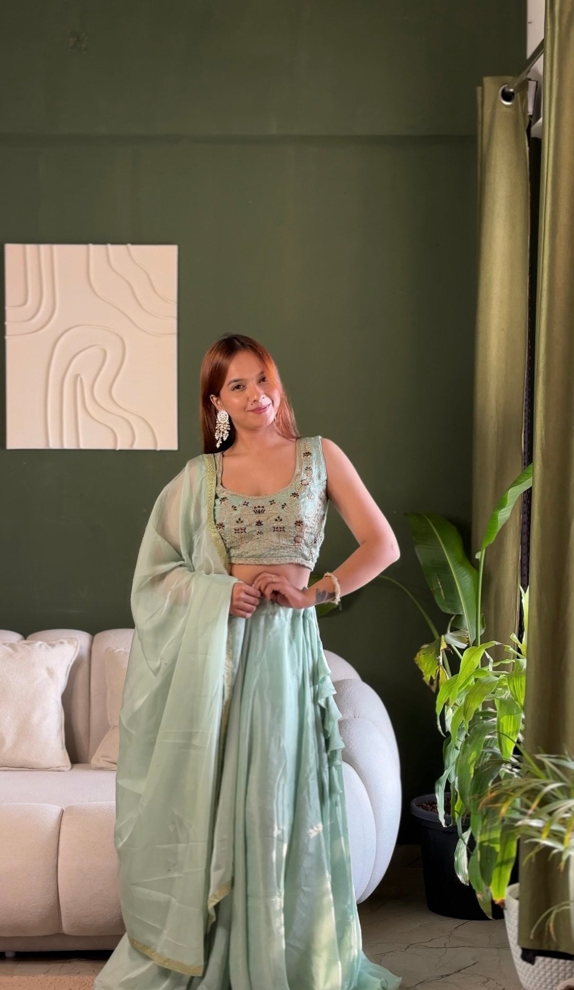 Pastel Mint Embroidered Lehenga Set with Net Dupatta