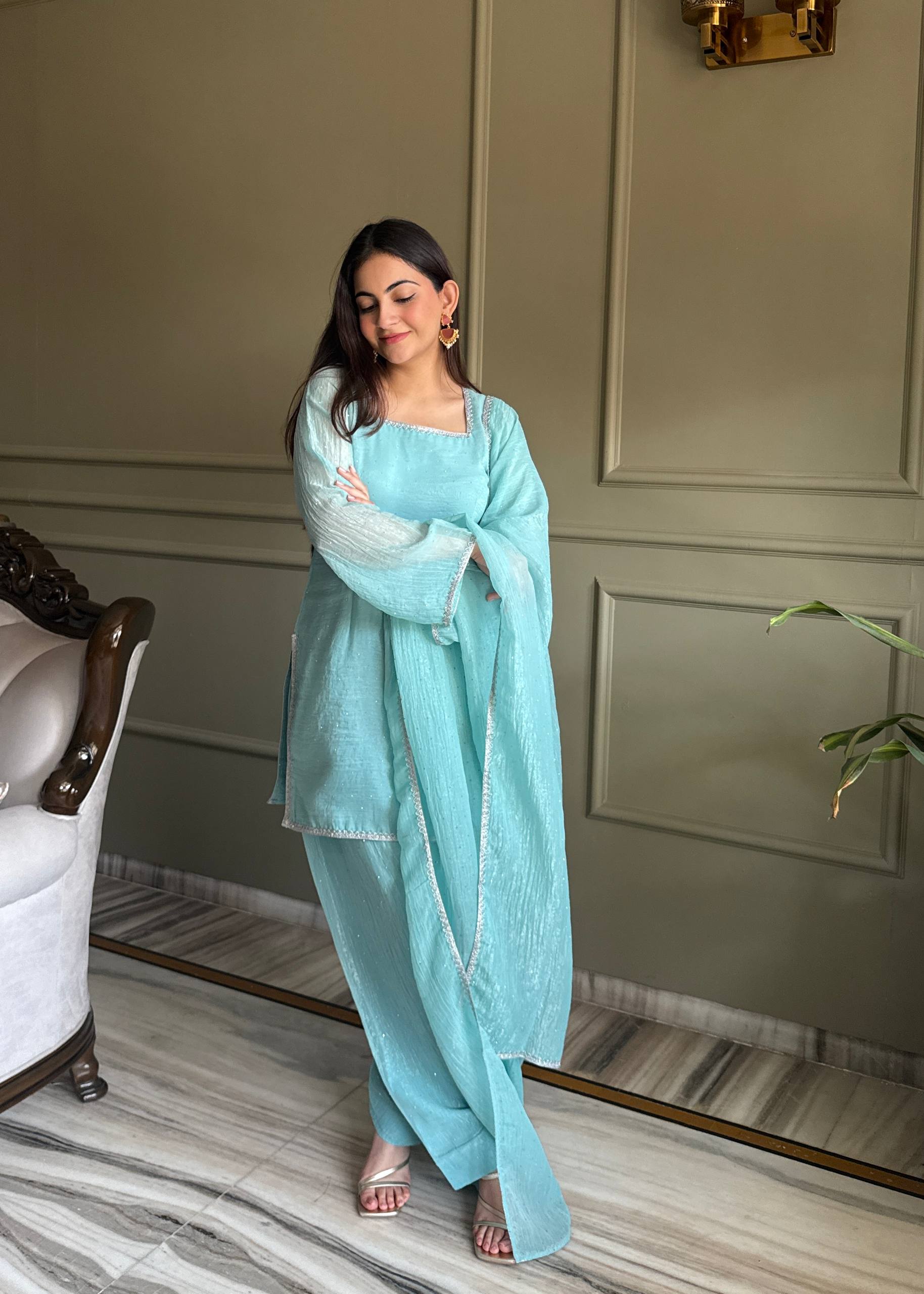 Crunchy Silk Kurta Set with Swarovski Work, Salwar & Designer Dupatta