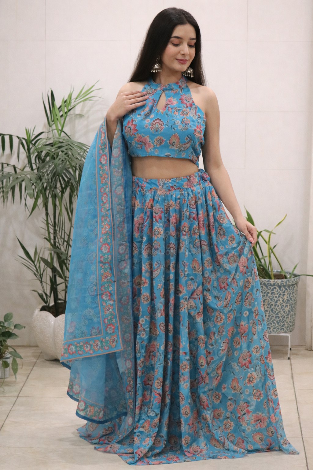 Blue Floral Lehenga Set with Halter Neck Blouse & Dupatta