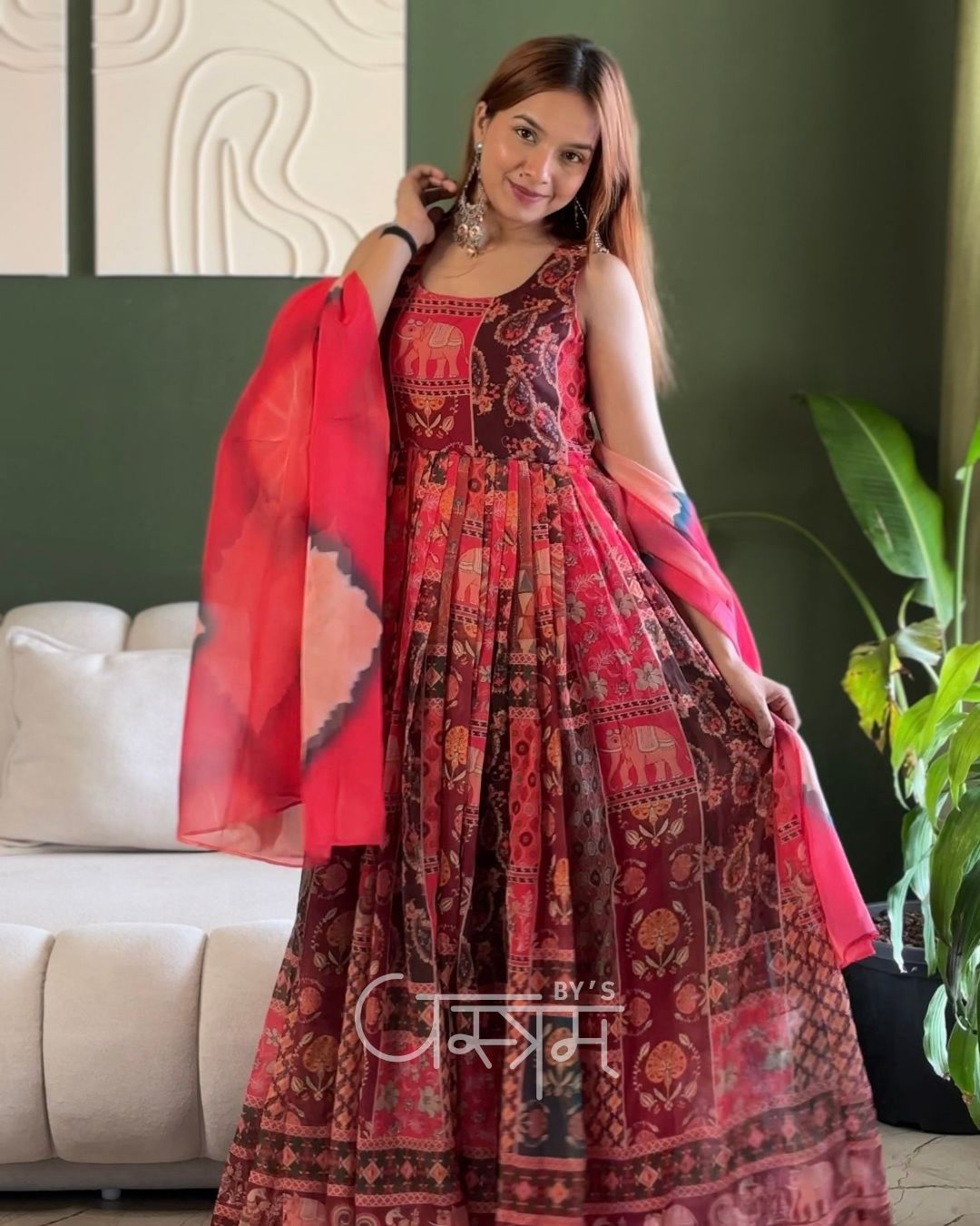 Patola Printed Soft Organza Designer Gown with Dupatta – Festive Wear