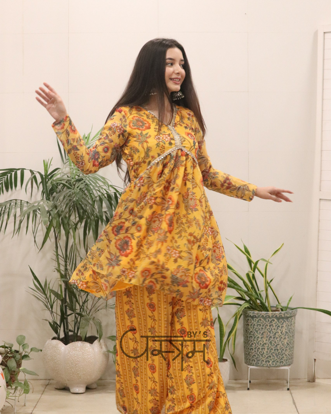 Mustard Yellow Organza Silk Digital Print Kurti Palazzo Set – Haldi Special