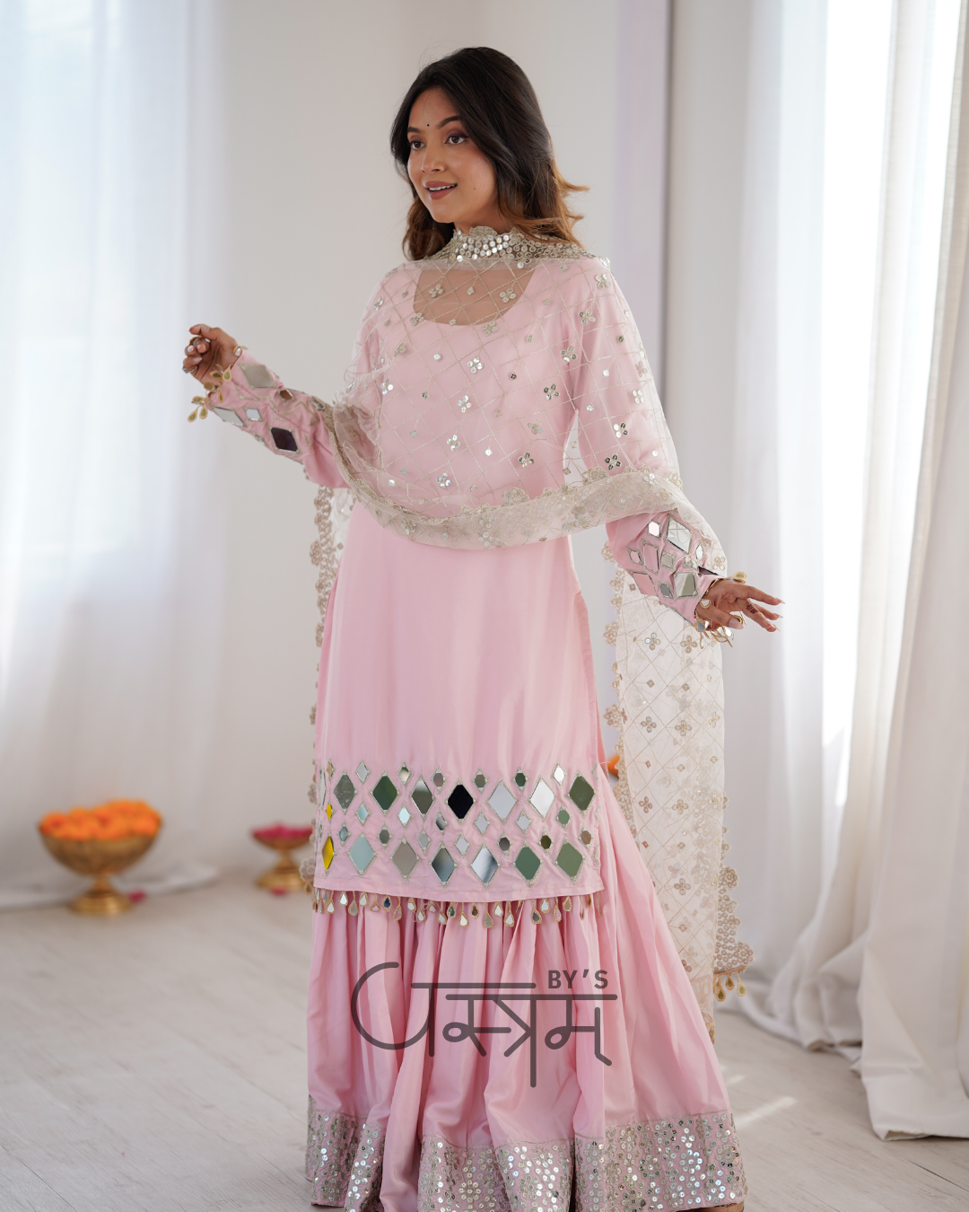 Premium French Crepe Mirror Work Sharara Suit Set with Net Dupatta
