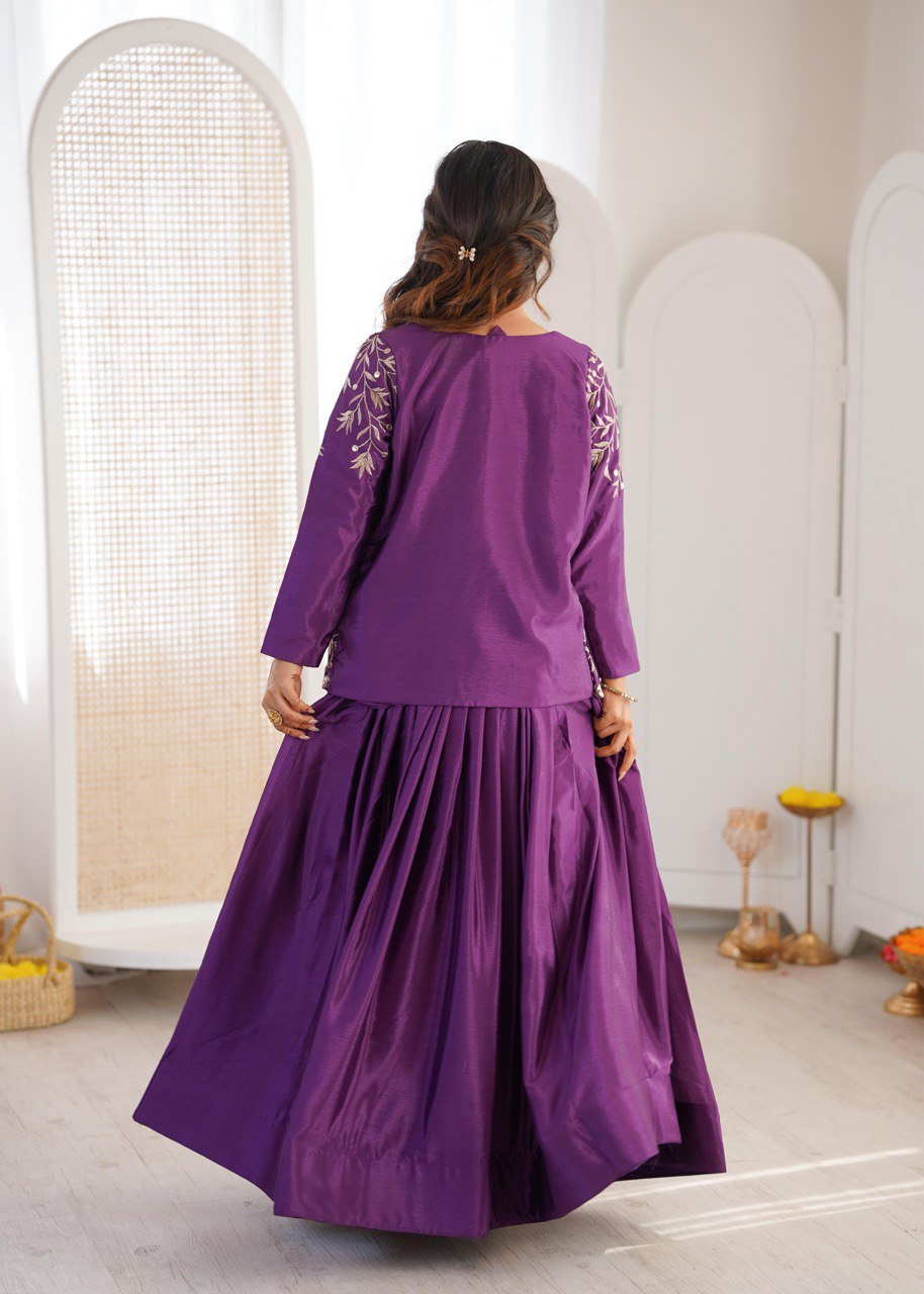 Designer Chinon Silk Lehenga Set with Embroidered Choli & Koti