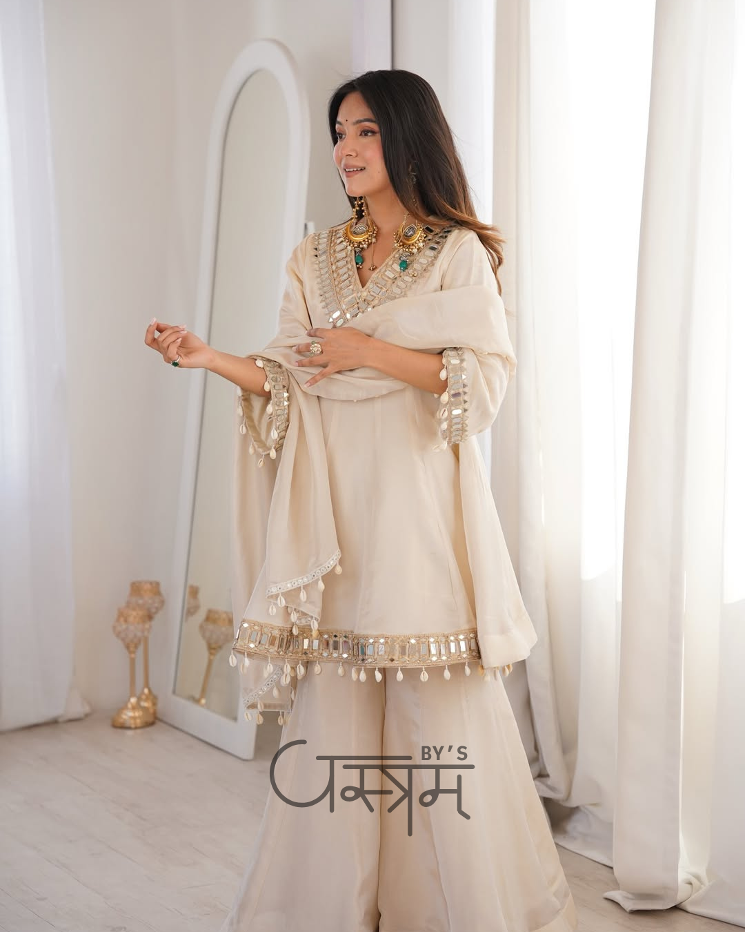 Premium Chinon Real Mirror Work Palazzo Set with Kodi Lace Dupatta