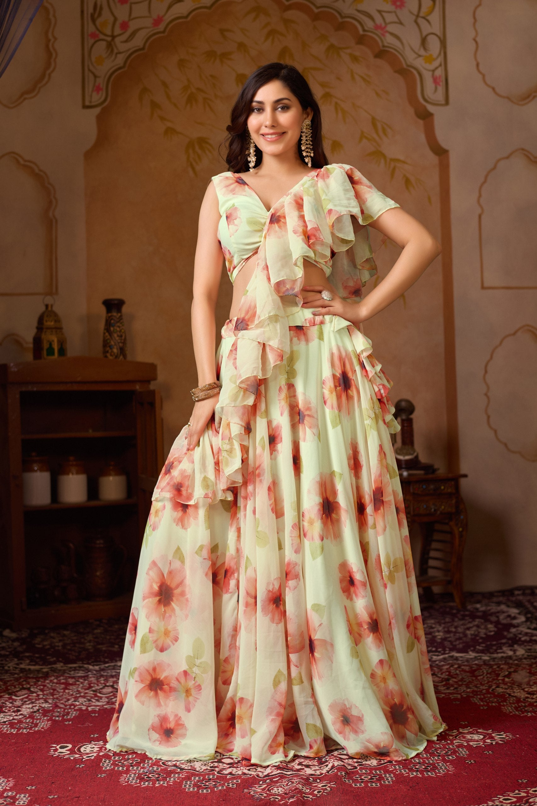 Floral Digital Print Georgette Lehenga Set with Dupatta