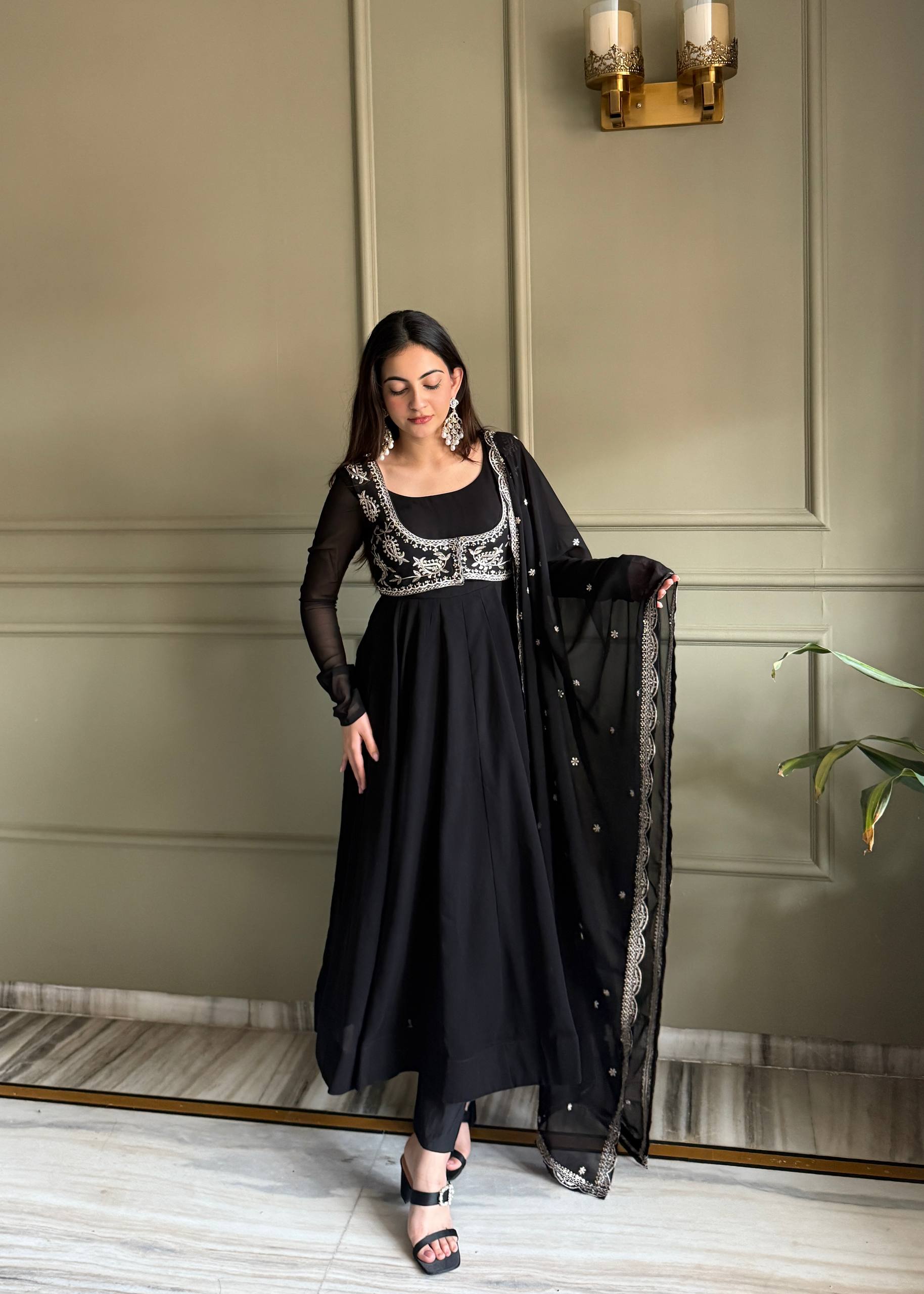 Designer Fox Georgette Anarkali Gown Set with Embroidered Dupatta