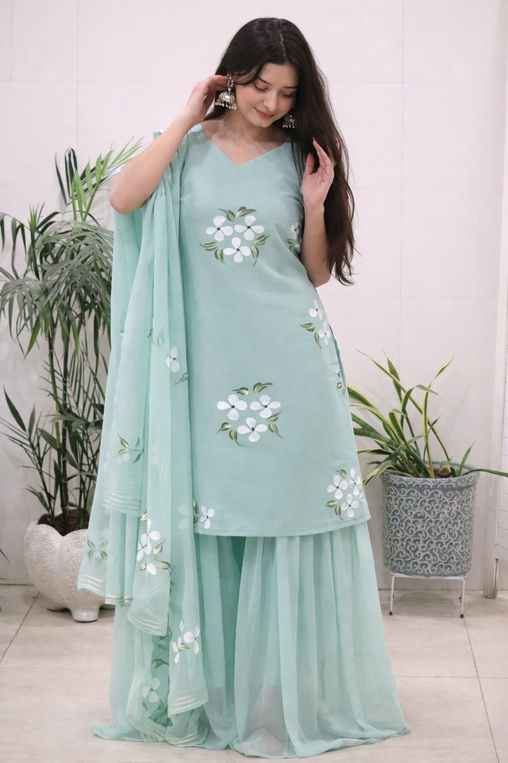 Hand Painted Georgette Kurti Sharara Set with Dupatta