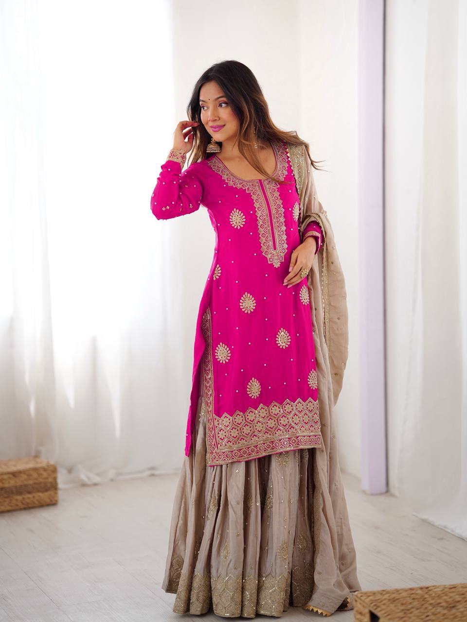 Chinon Silk Sharara Suit Set with Pearl & Sequence Work