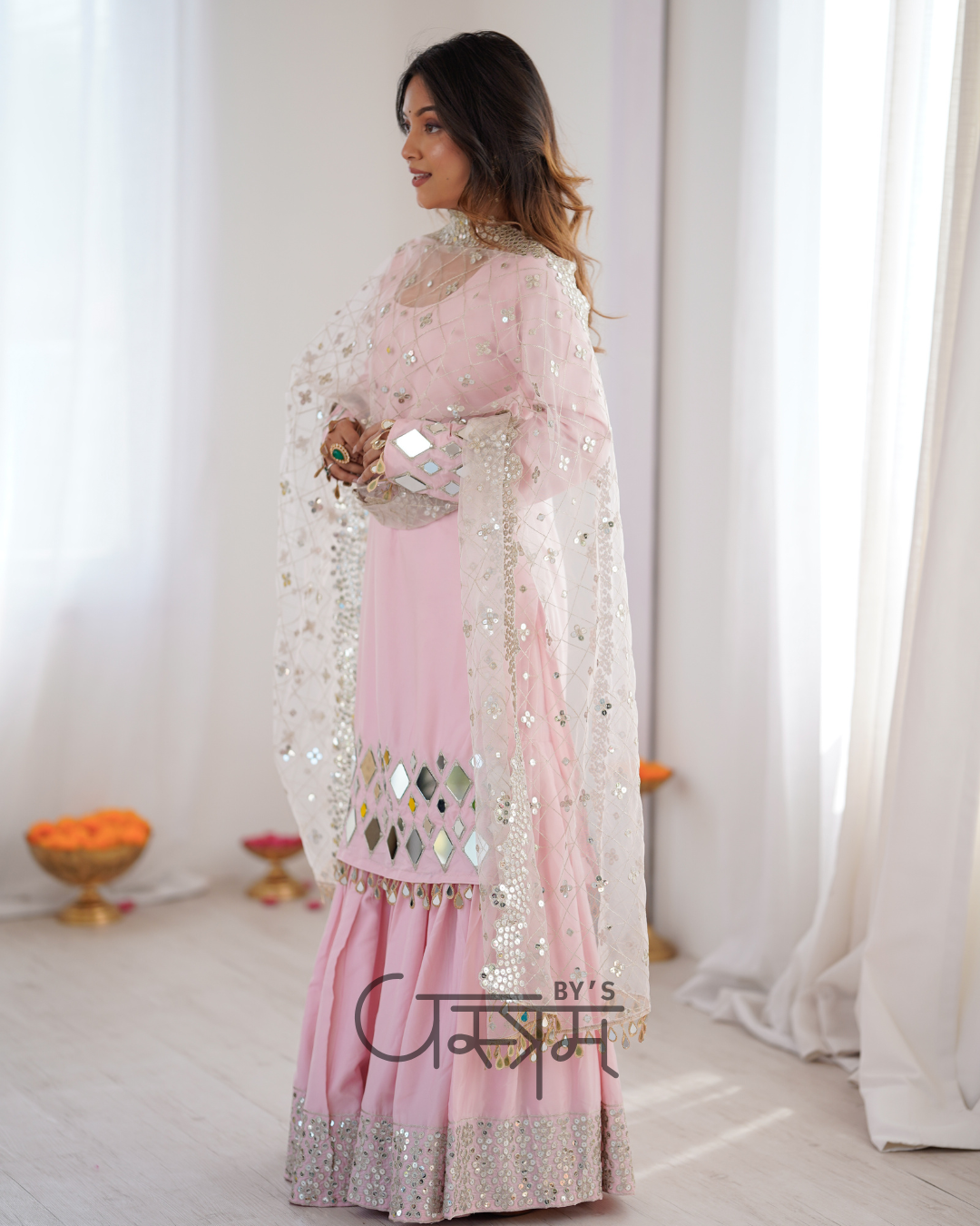 Premium French Crepe Mirror Work Sharara Suit Set with Net Dupatta