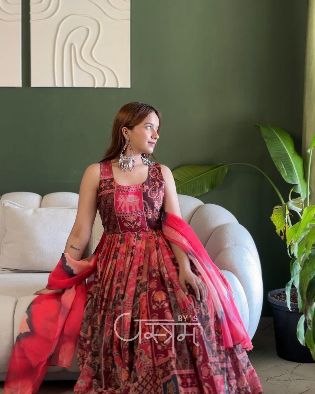 Patola Printed Soft Organza Designer Gown with Dupatta – Festive Wear