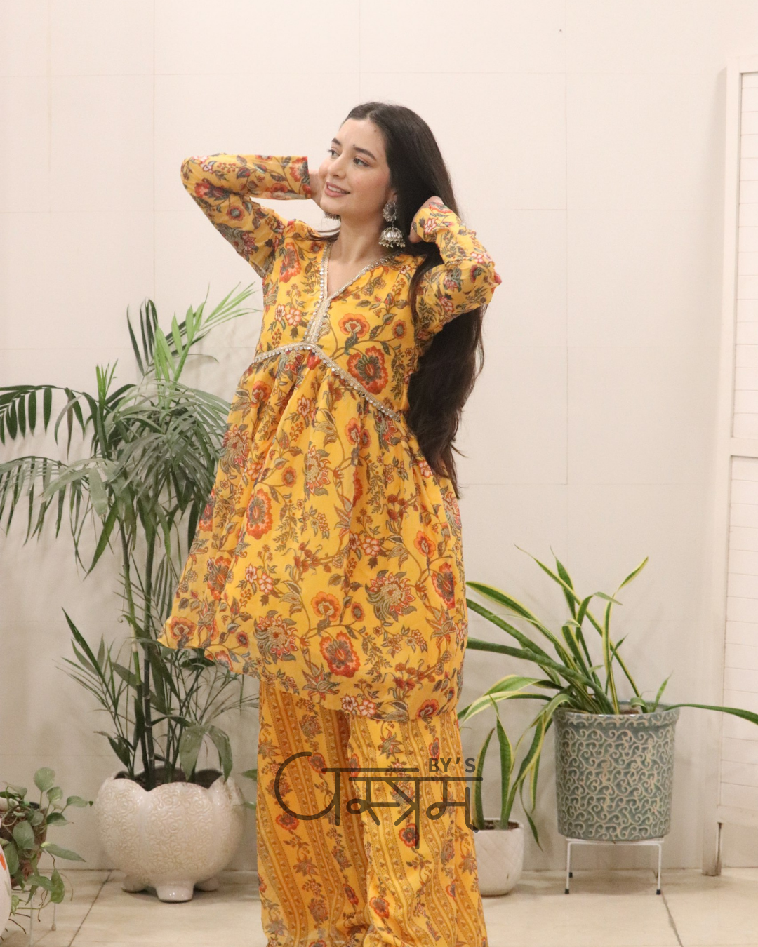 Mustard Yellow Organza Silk Digital Print Kurti Palazzo Set – Haldi Special