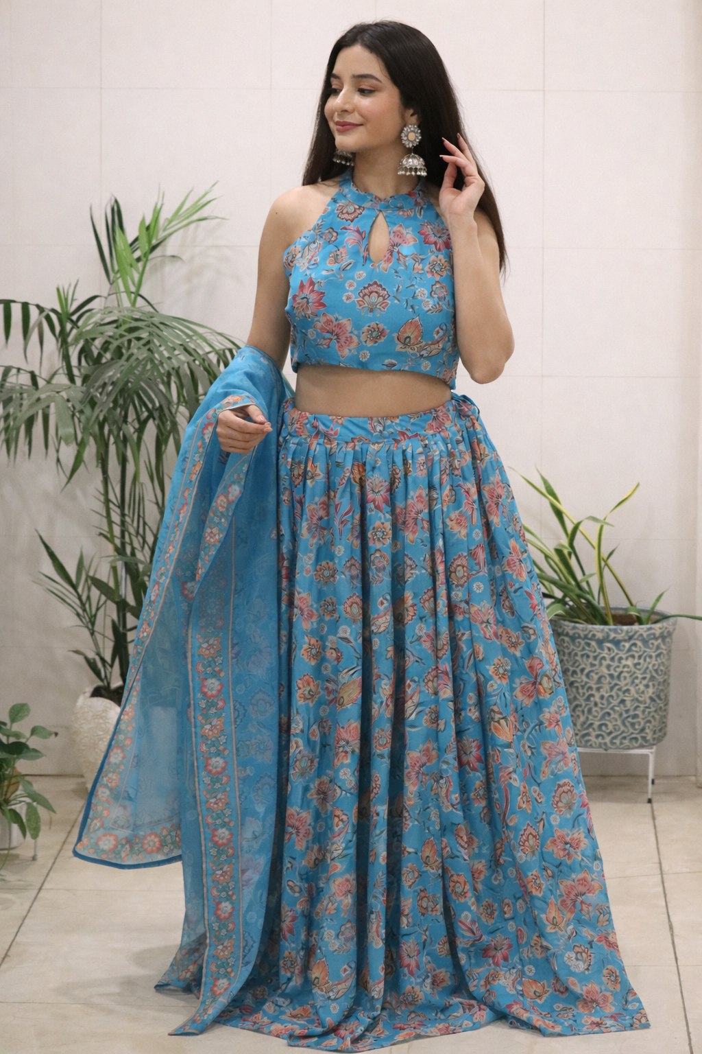 Blue Floral Lehenga Set with Halter Neck Blouse & Dupatta