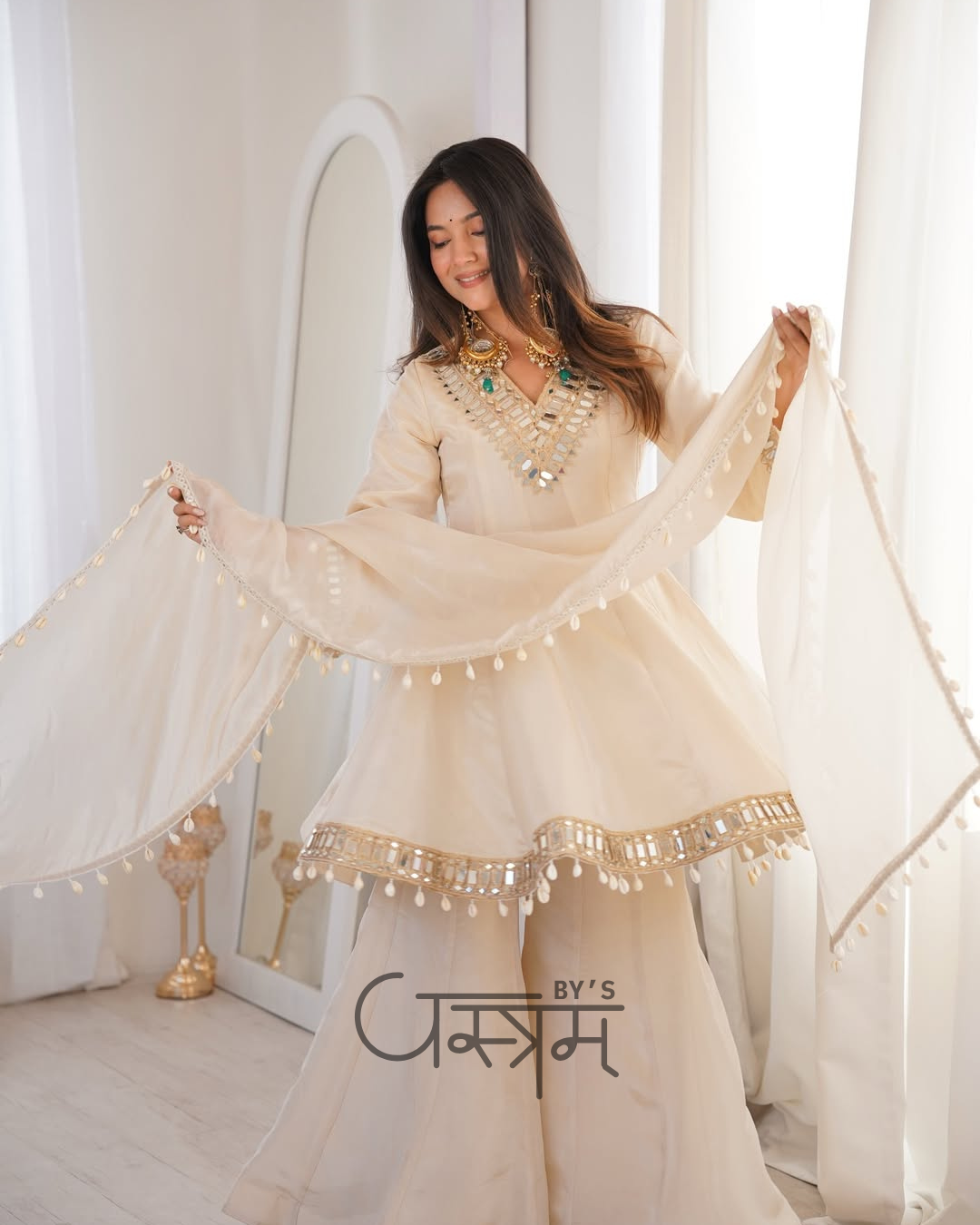 Premium Chinon Real Mirror Work Palazzo Set with Kodi Lace Dupatta