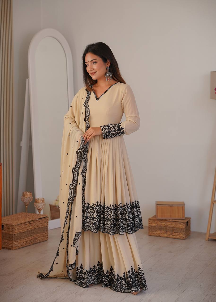 Embroidered Faux Georgette Suit Set with Palazzo & Dupatta