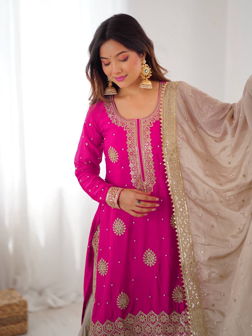 Chinon Silk Sharara Suit Set with Pearl & Sequence Work