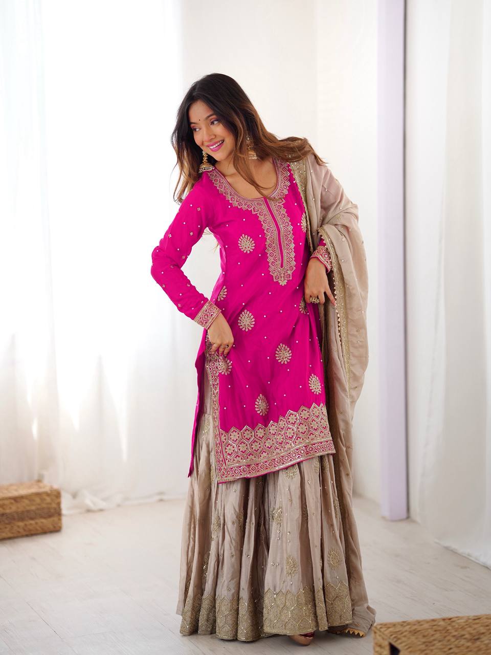 Chinon Silk Sharara Suit Set with Pearl & Sequence Work