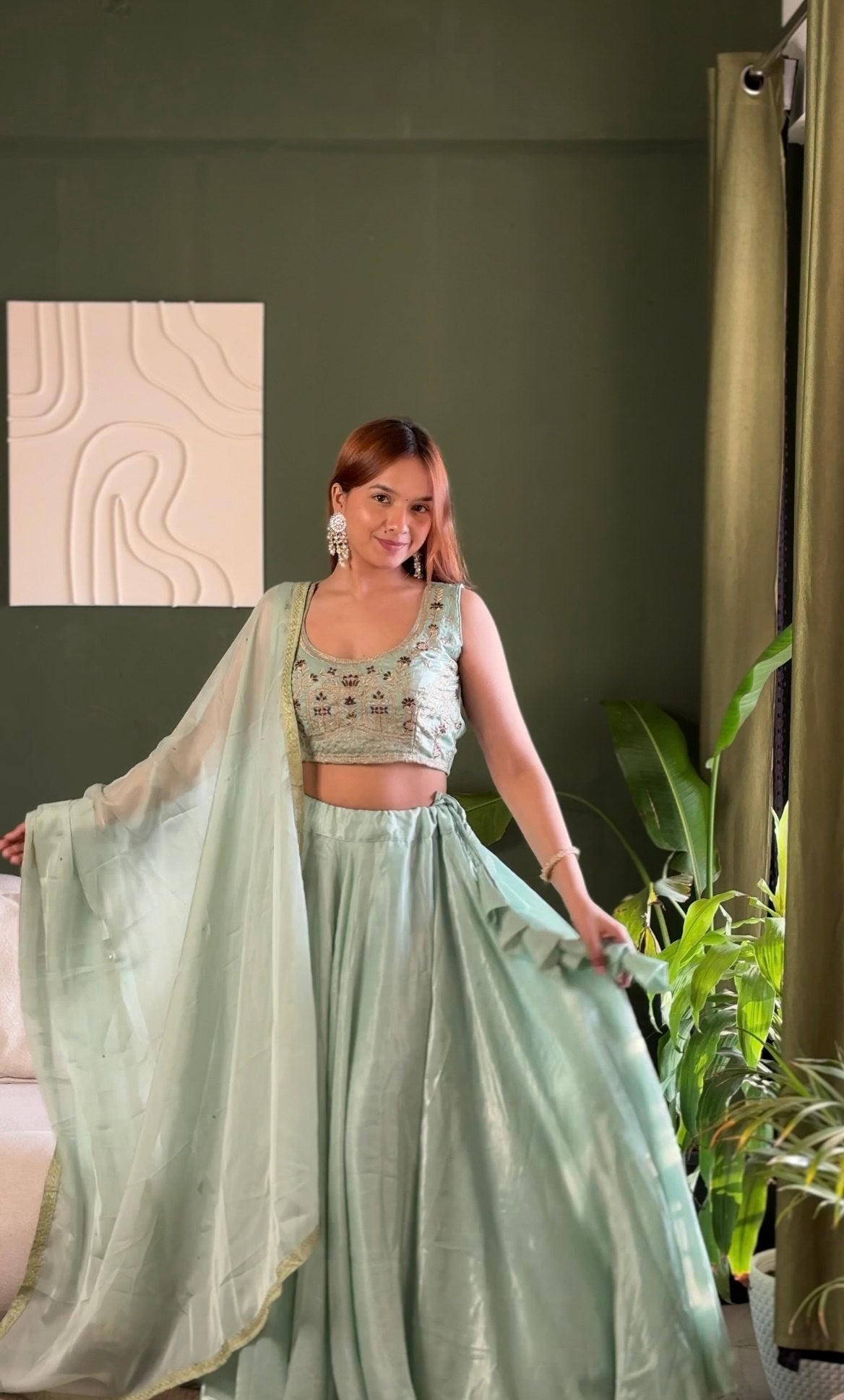Pastel Mint Embroidered Lehenga Set with Net Dupatta