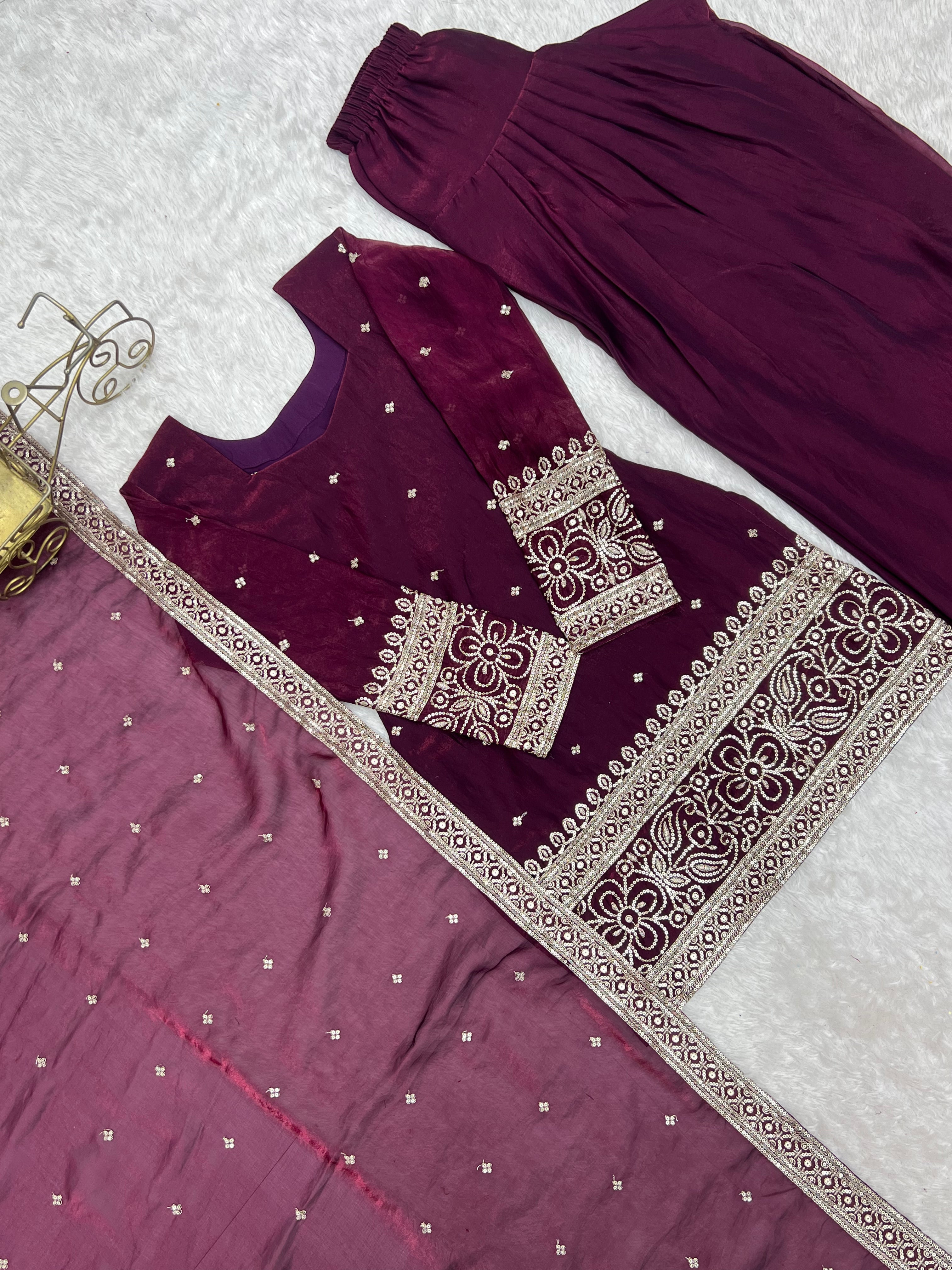 Premium Embroidered Sequence & Kurta with Dupatta & Farshi Shalwar Set – Wine