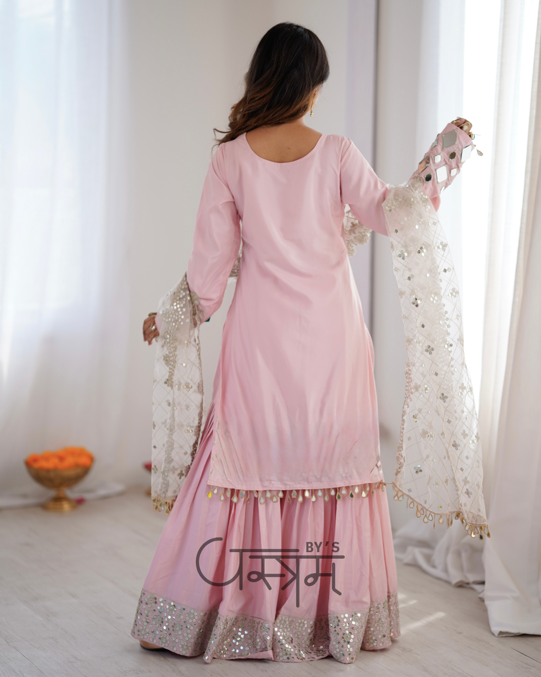 Premium French Crepe Mirror Work Sharara Suit Set with Net Dupatta
