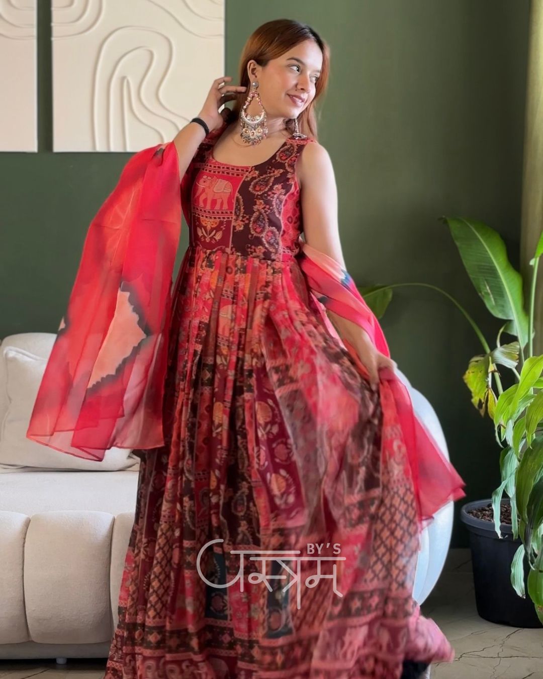 Patola Printed Soft Organza Designer Gown with Dupatta – Festive Wear