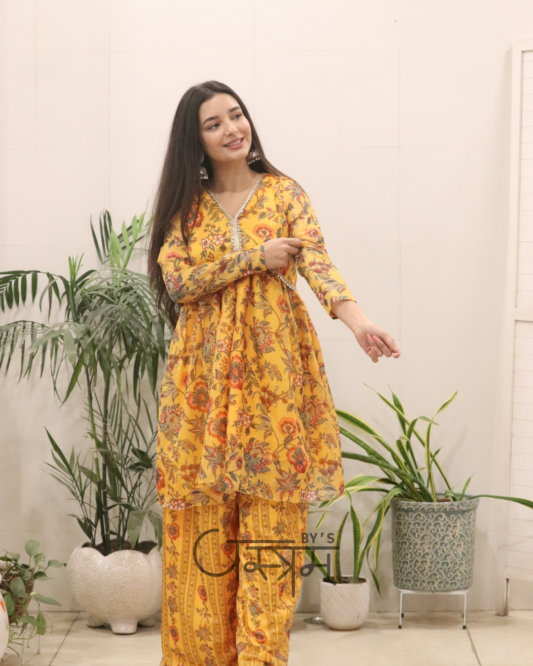 Mustard Yellow Organza Silk Digital Print Kurti Palazzo Set – Haldi Special