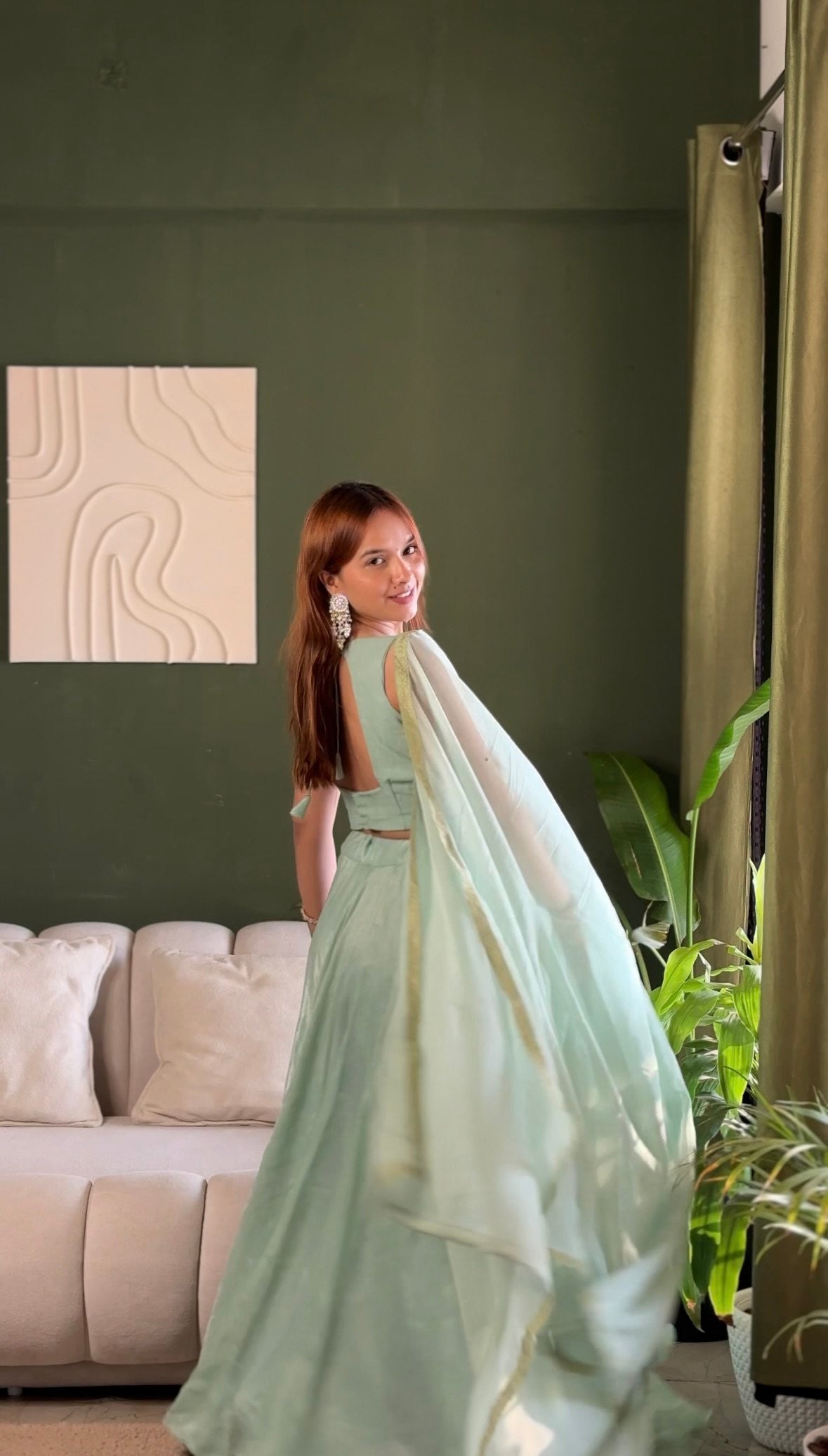 Pastel Mint Embroidered Lehenga Set with Net Dupatta