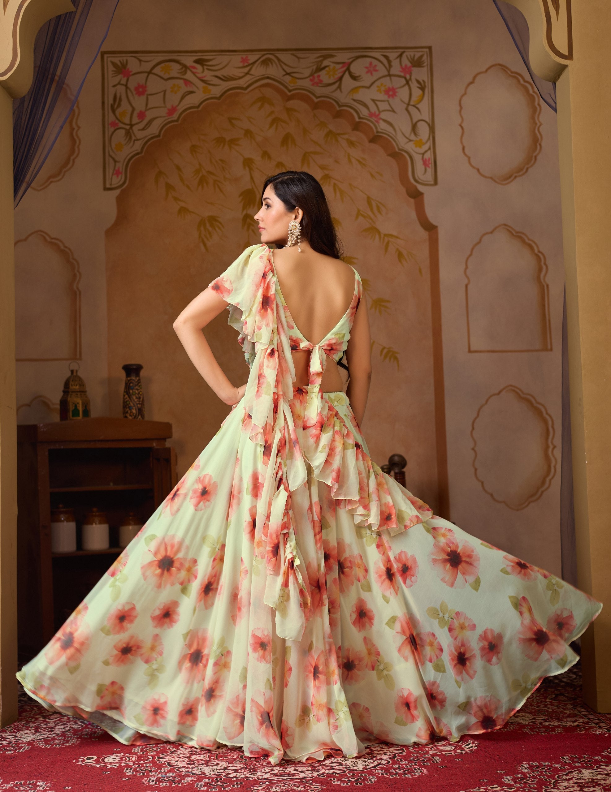 Floral Digital Print Georgette Lehenga Set with Dupatta