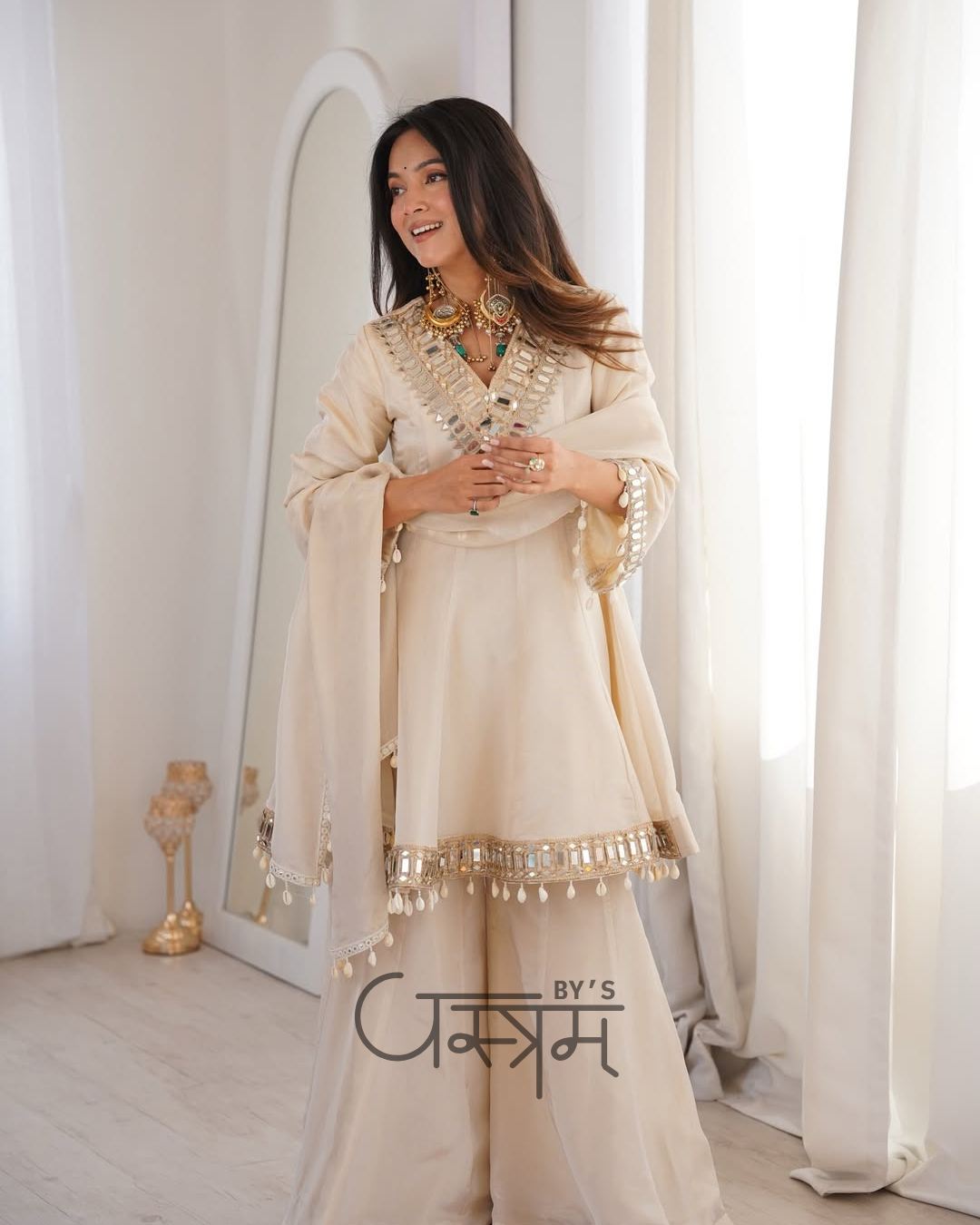 Premium Chinon Real Mirror Work Palazzo Set with Kodi Lace Dupatta